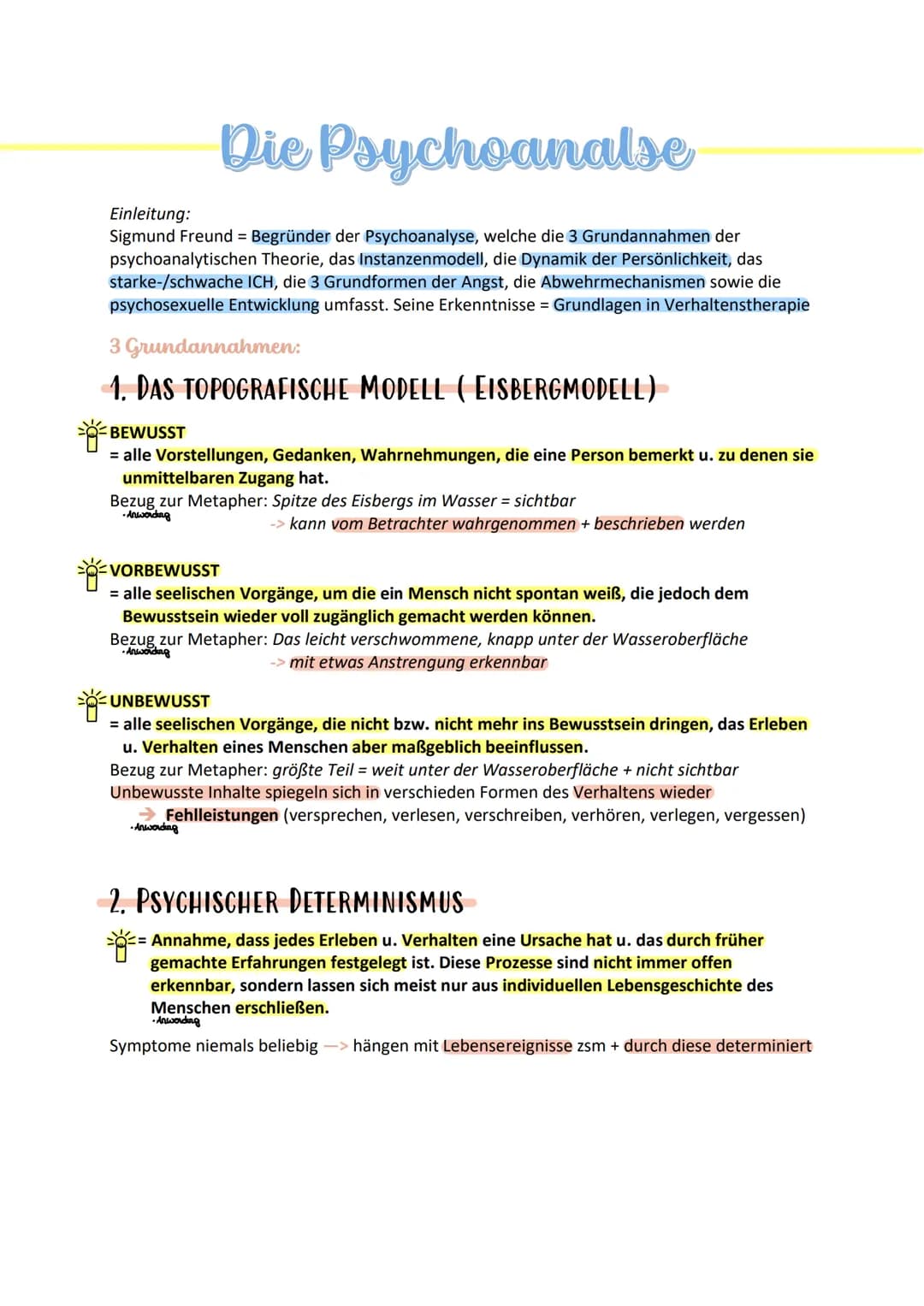 # Die Psychoanalse
Einleitung:
Sigmund Freund = Begründer der Psychoanalyse, welche die 3 Grundannahmen der
psychoanalytischen Theorie, das