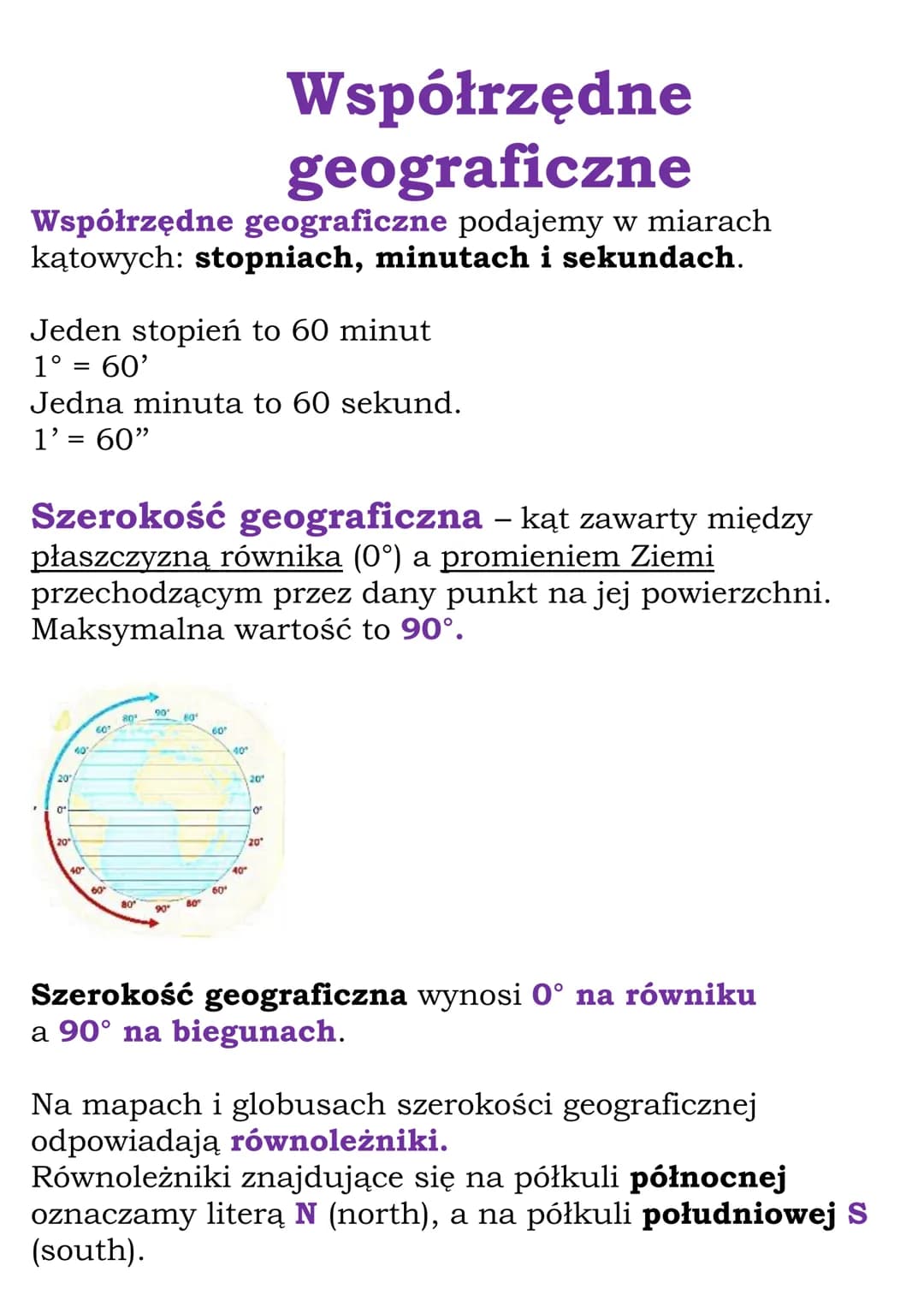 # Współrzędne
geograficzne
Współrzędne geograficzne podajemy w miarach
kątowych: stopniach, minutach i sekundach.
Jeden stopień to 60 minu
