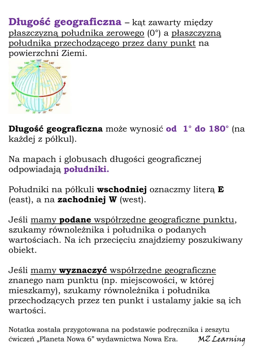 # Współrzędne
geograficzne
Współrzędne geograficzne podajemy w miarach
kątowych: stopniach, minutach i sekundach.
Jeden stopień to 60 minu