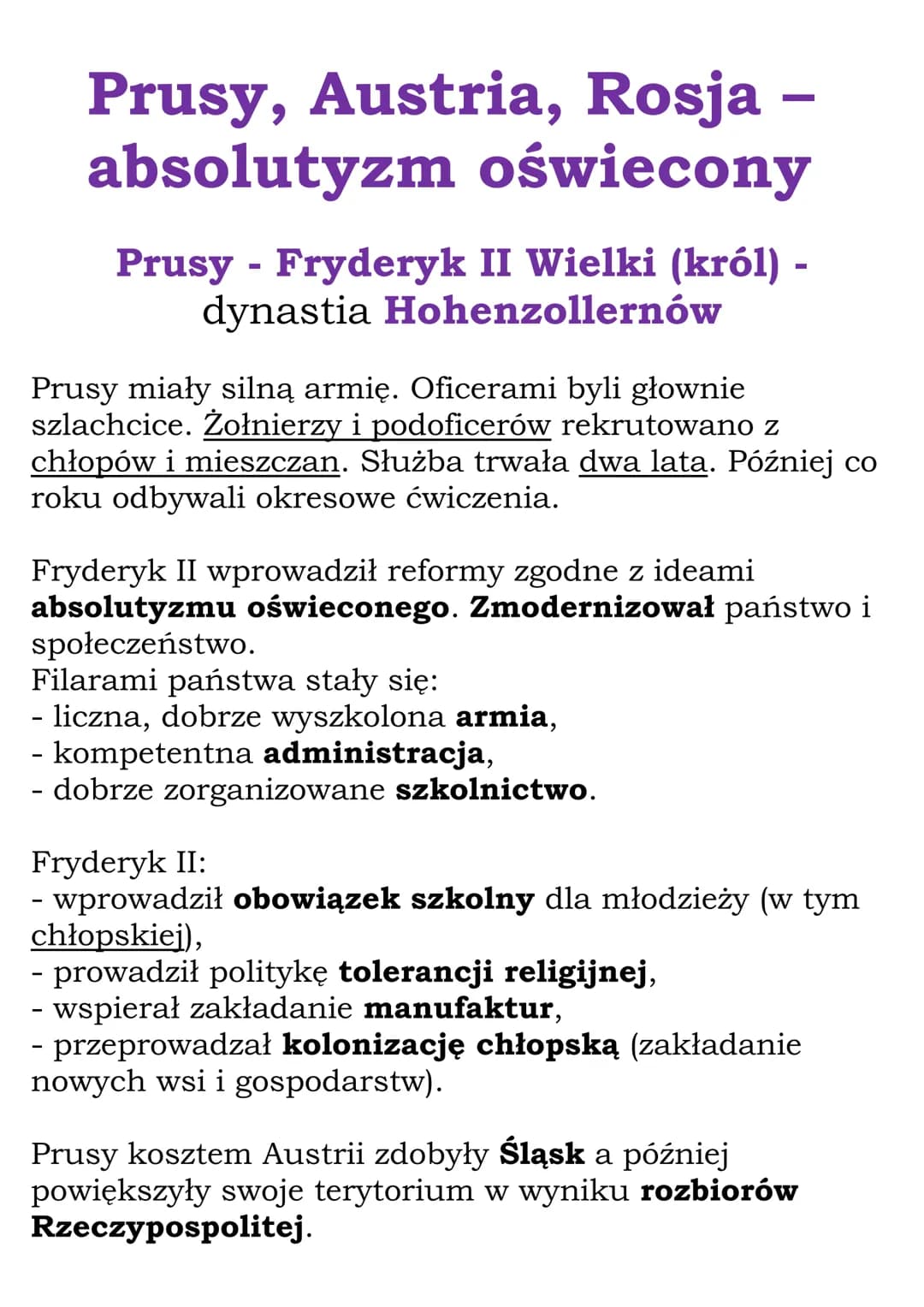 # Prusy, Austria, Rosja –
absolutyzm oświecony
Prusy - Fryderyk II Wielki (król) -
dynastia Hohenzollernów
Prusy miały silną armię. Oficer