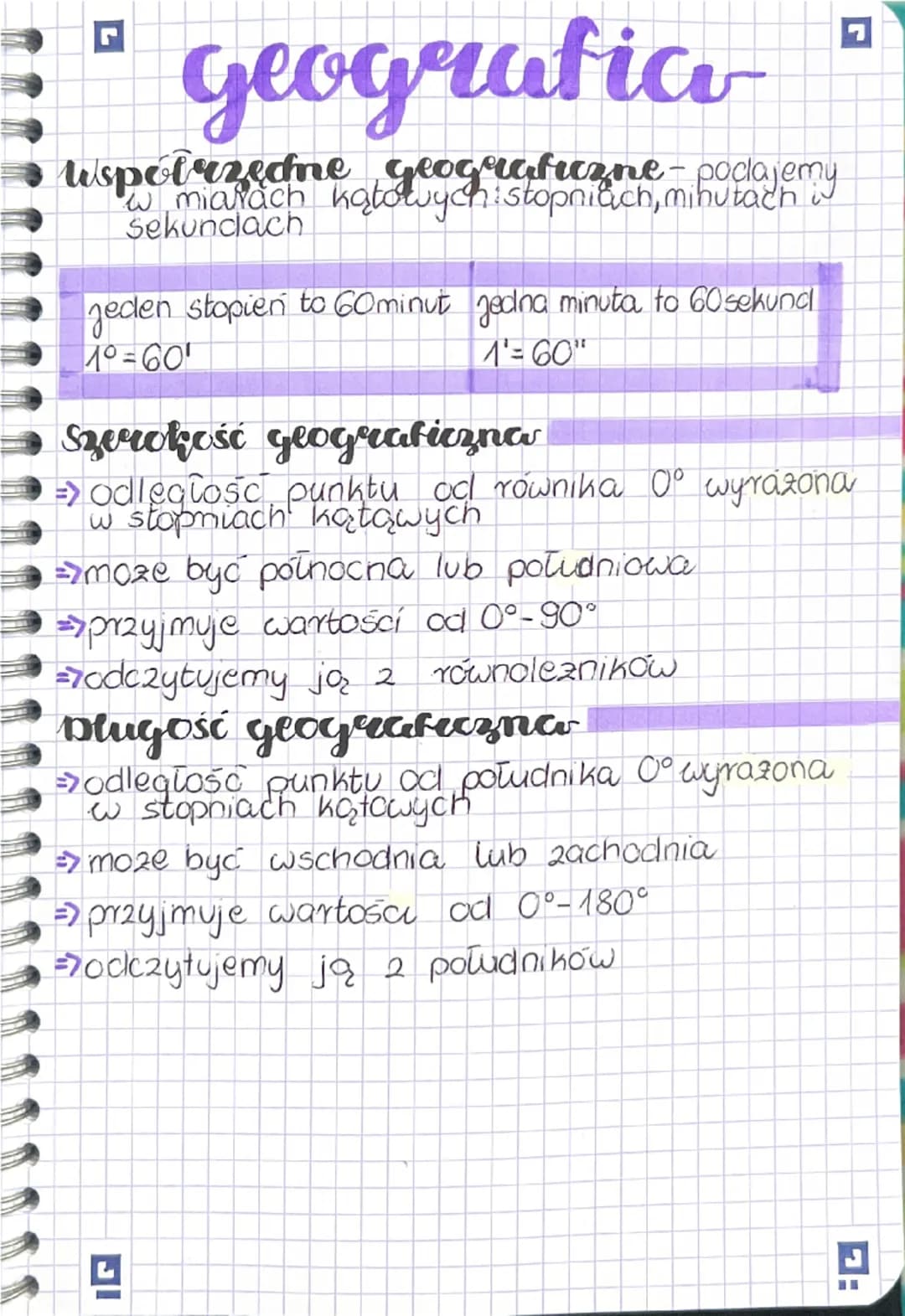# geografico
frzedne geograficzne - podajemy
wmiarach to histopniach, minutach w
Sekundach
Jeden stopień to 60minut jedna minuta to 60 sek