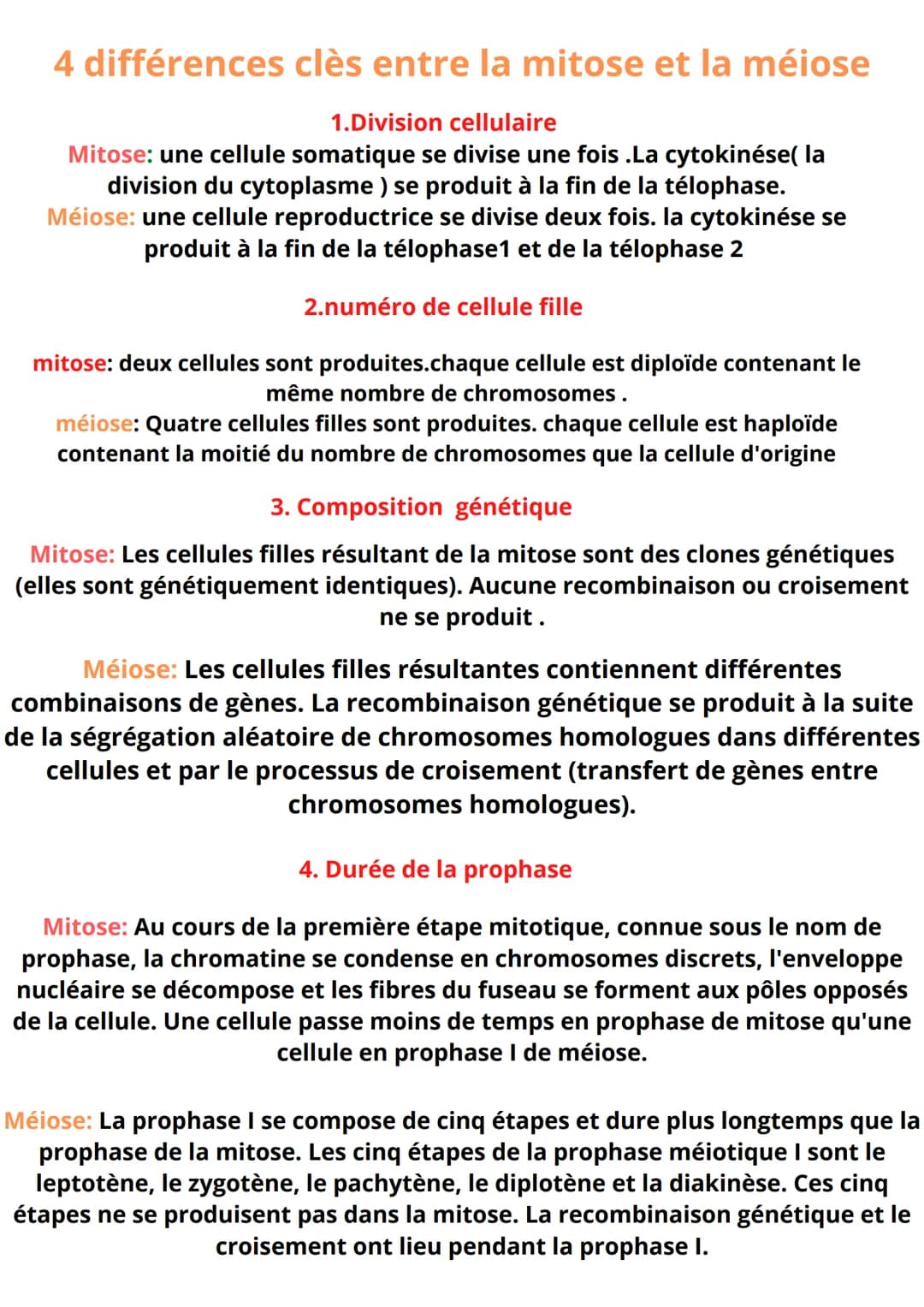 # 4 différences clès entre la mitose et la méiose
1.Division cellulaire
Mitose: une cellule somatique se divise une fois. La cytokinése( la