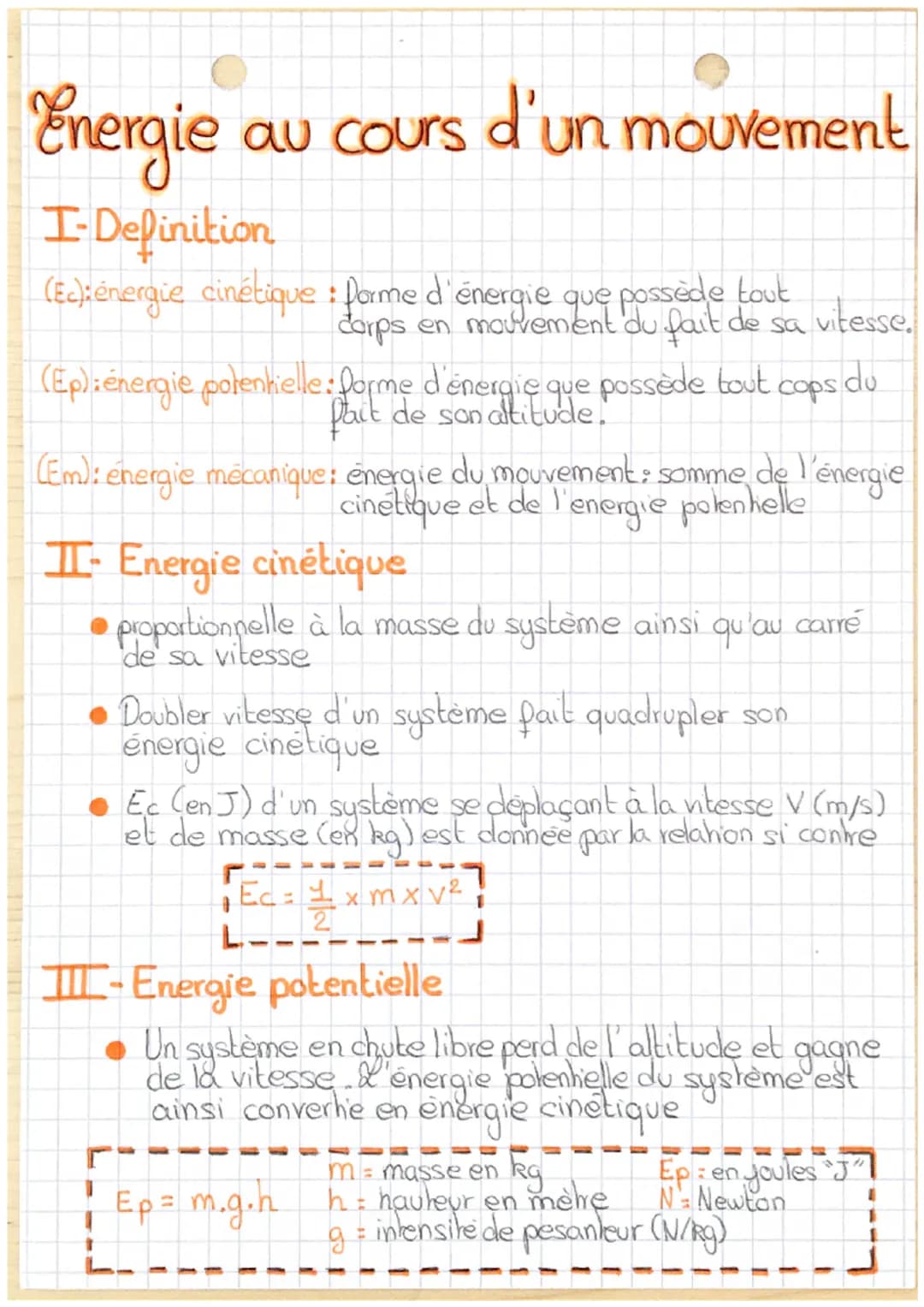 # Energie
au cours d'un mouvement
I-Definition
(Ec): énergie cinétique: Porme d'énergie que possède tout
dorps en mouvement du fait de sa
