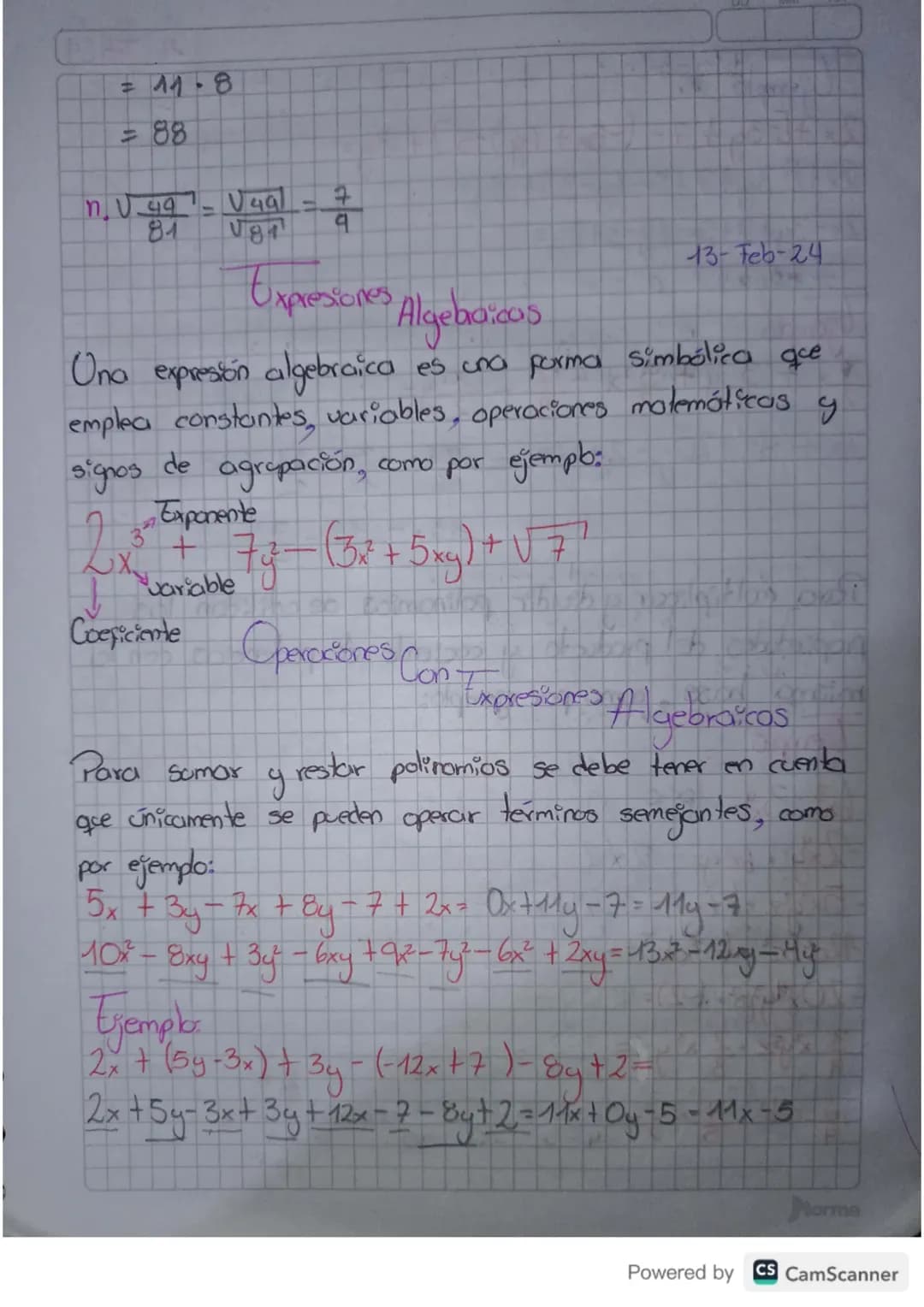 = 11-8
= 88
n. $\frac{\sqrt{49}}{\sqrt{81}} = \frac{\sqrt{49}}{\sqrt{81}} = \frac{7}{9}$
Expresiones Algebraicos
Una expresión algebraica