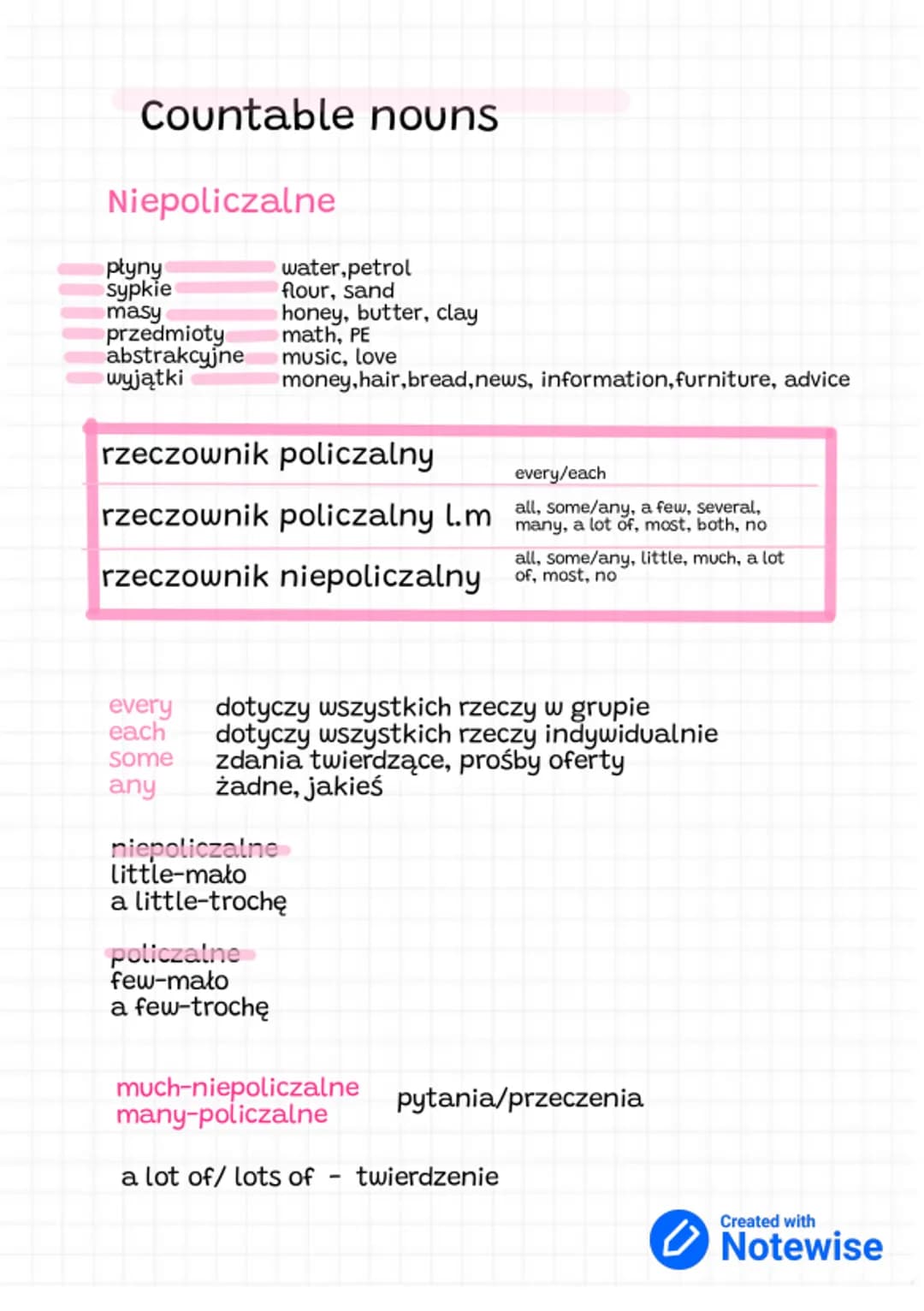 # Countable nouns
Niepoliczalne
płyny water, petrol
sypkie flour, sand
masy honey, butter, clay
przedmioty math, PE
abstrakcyjne music, lo