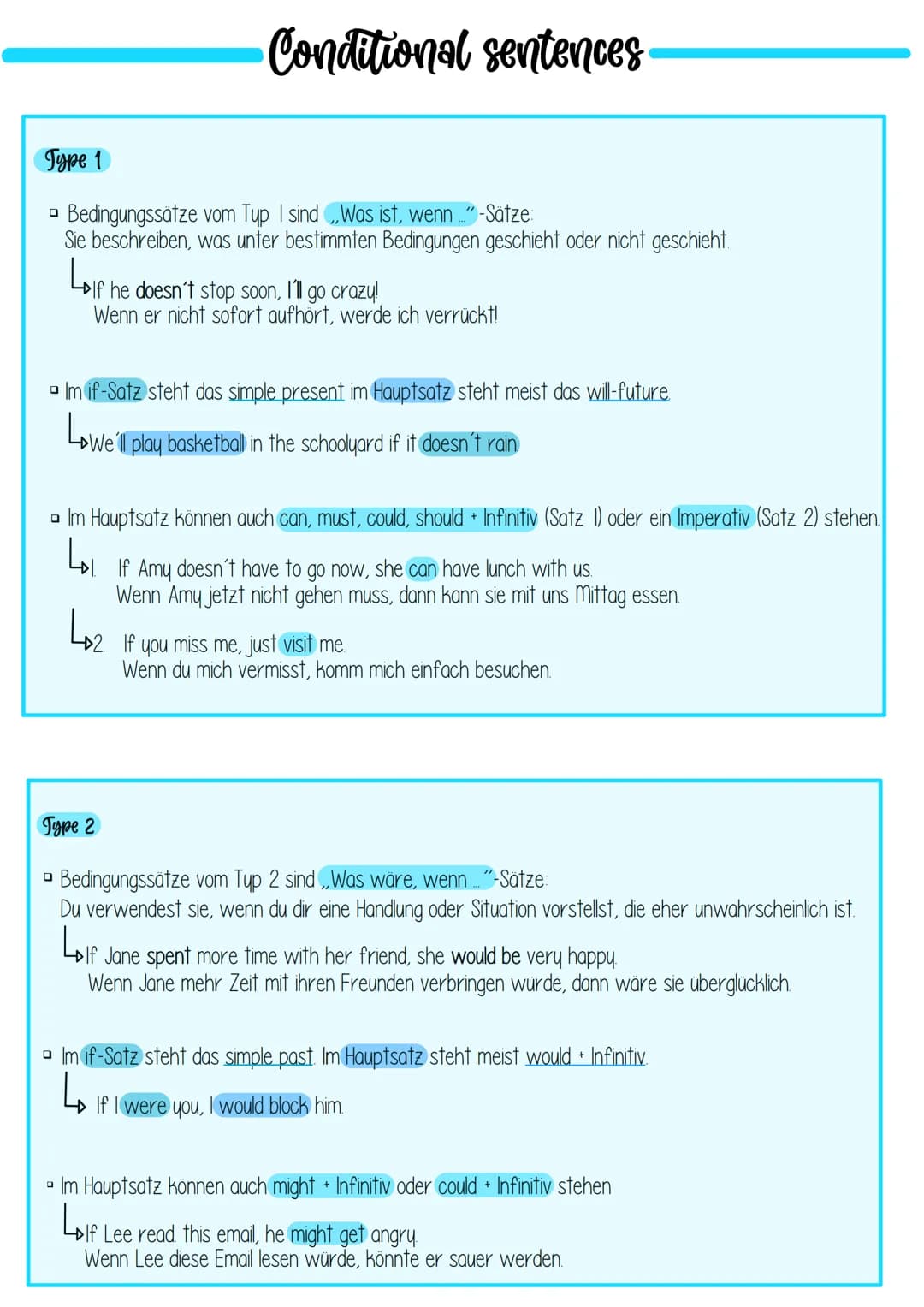 # Conditional sentences
Type 1
* Bedingungssätze vom Typ I sind Was ist, wenn " -Satze
* Sie beschreiben, was unter bestimmten Bedingu