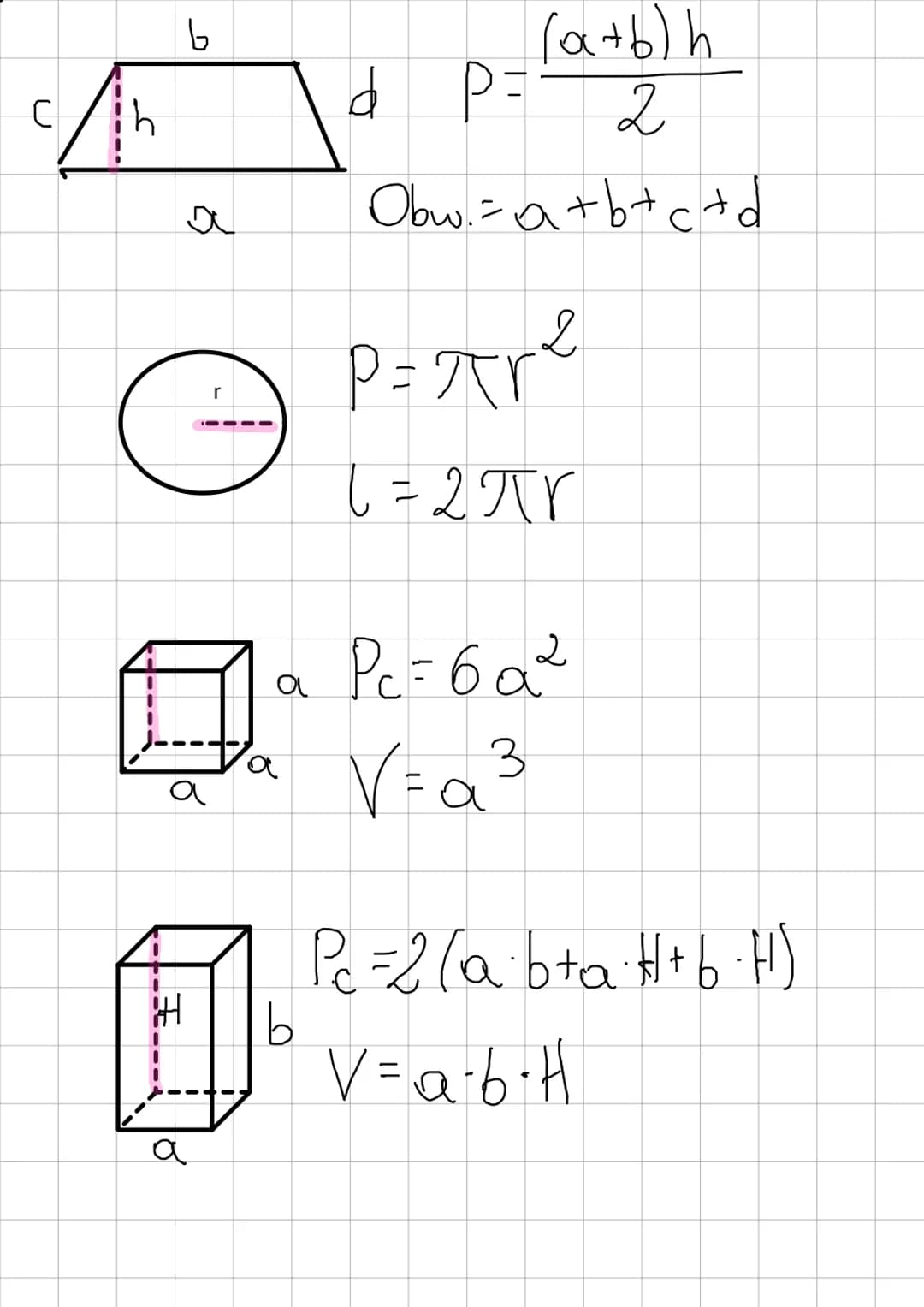 E8
matematuka
pzydatne wzory
$P=\frac{1}{2}ah$
$p=\frac{a^2\sqrt{3}}{4}$
Obw=3a
$P=a\cdot h$
Obw=2(a+b)
$P=a\cdot h$
$P=\frac{e\cdot f}{2