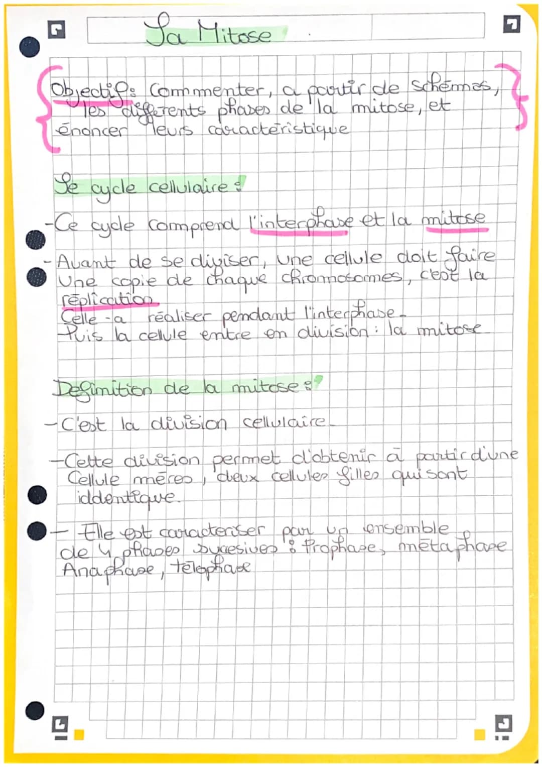 Sa Mitose
Objectifs Commenter, a porvir de schemes,
les differents differents phases de la mitose, et
énoncer leurs caractéristique.
Se cy