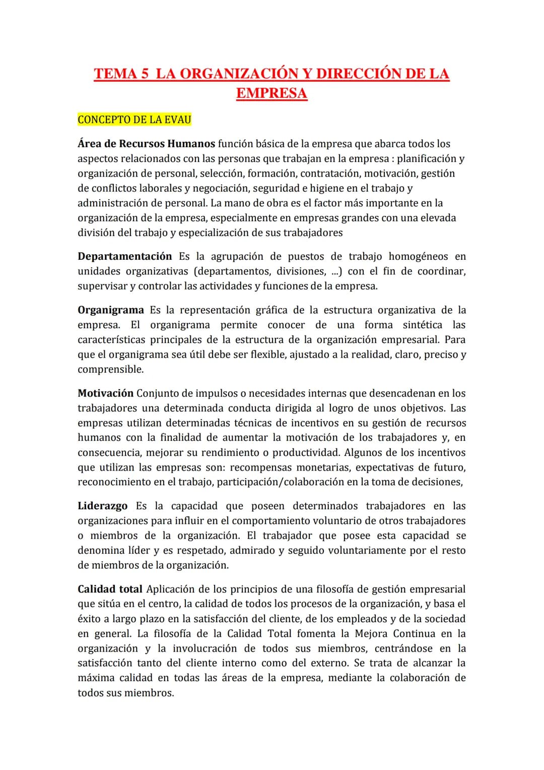 <h2>TEMA 1: LA EMPRESA</h2>
<h3>Conceptos de la EVAU</h3>
<p> <strong>Empresa:</strong> Es la unidad básica de producción que se encarga d