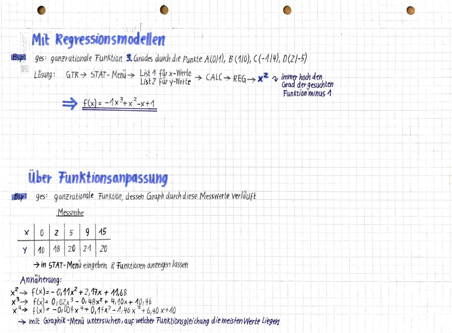 # Bestimmung ganzrationaler Funktionen
Mit Gleichungssystem
Bsp geg: A(011), B(112); ((2/7)
ges: ganzrationale Funktion 2. Grades, die dur