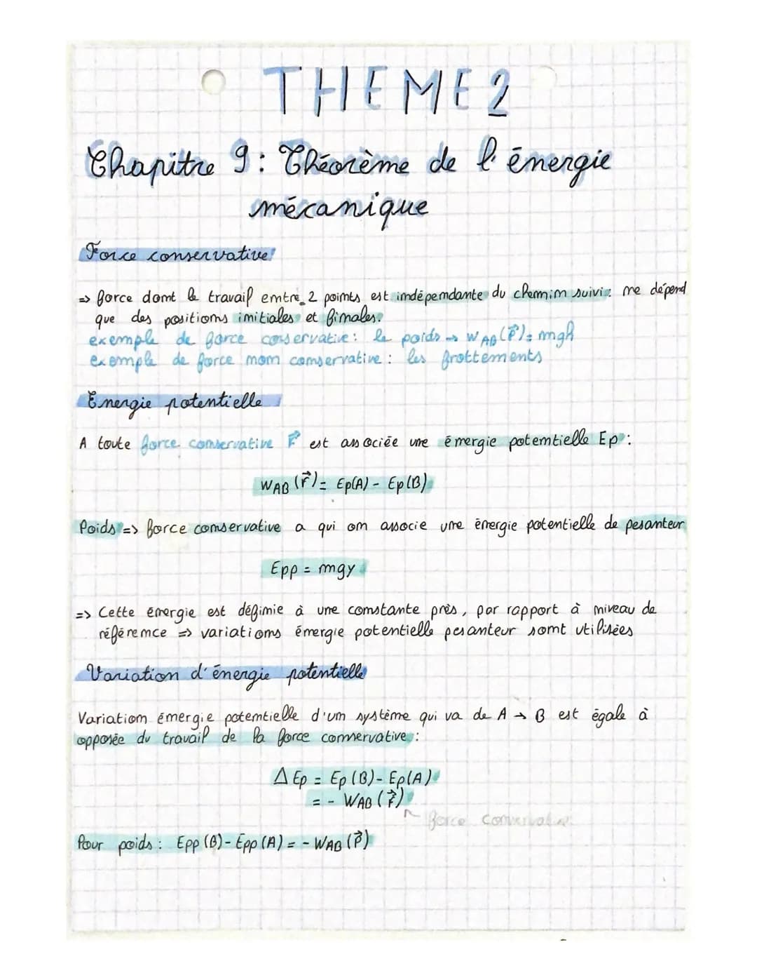 • THEME 2
Chapitre 9: Chéorème de l'énergie
mécanique
Force conservative
> force domt le travail emtre 2 points est indépendante du chemi