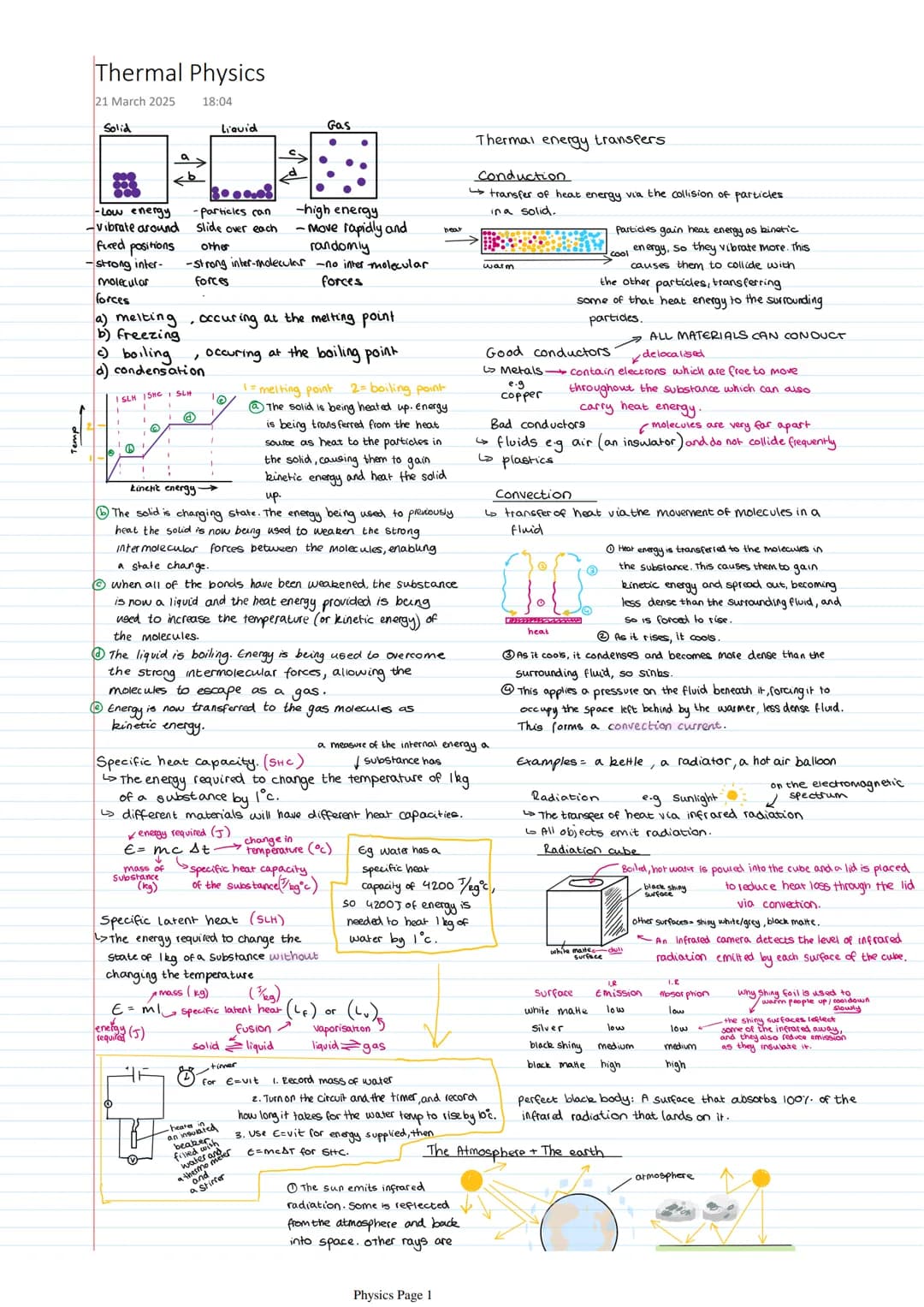 # Thermal Physics
21 March 2025 18:04
Solid
Liquid
Gas
-Low energy
-Particles can
-high energy
-vibrate around Slide over each move