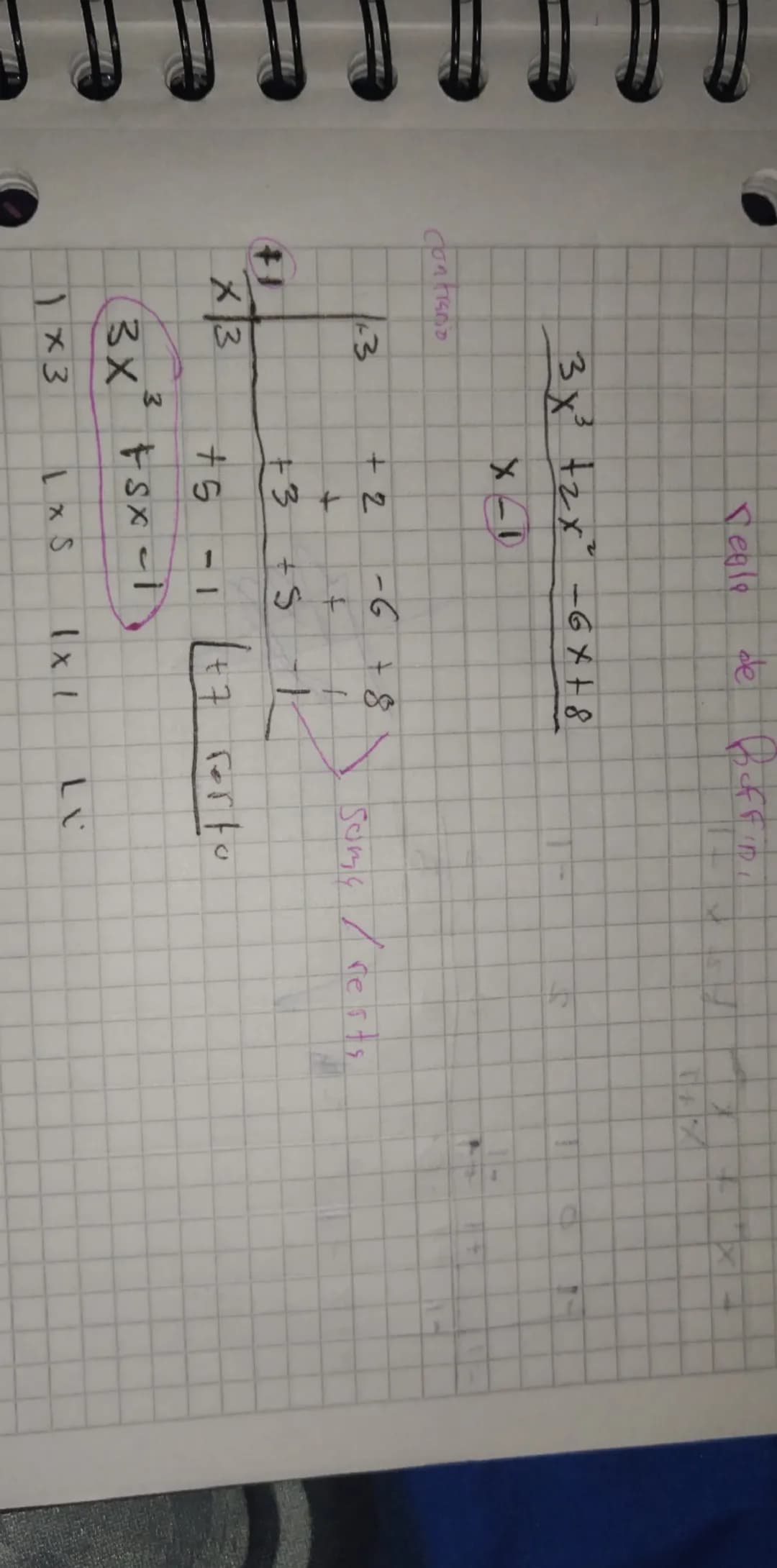 reele de offi
$3x²+2x²-6x+8$
X
Contianio
3 +2 -6 +8
+
Samic / rests
++
+3 +5 -1
X3
+5 -1 +7 Forto
$3x³ +Sx-1$
1x3
LxS Ixl Li