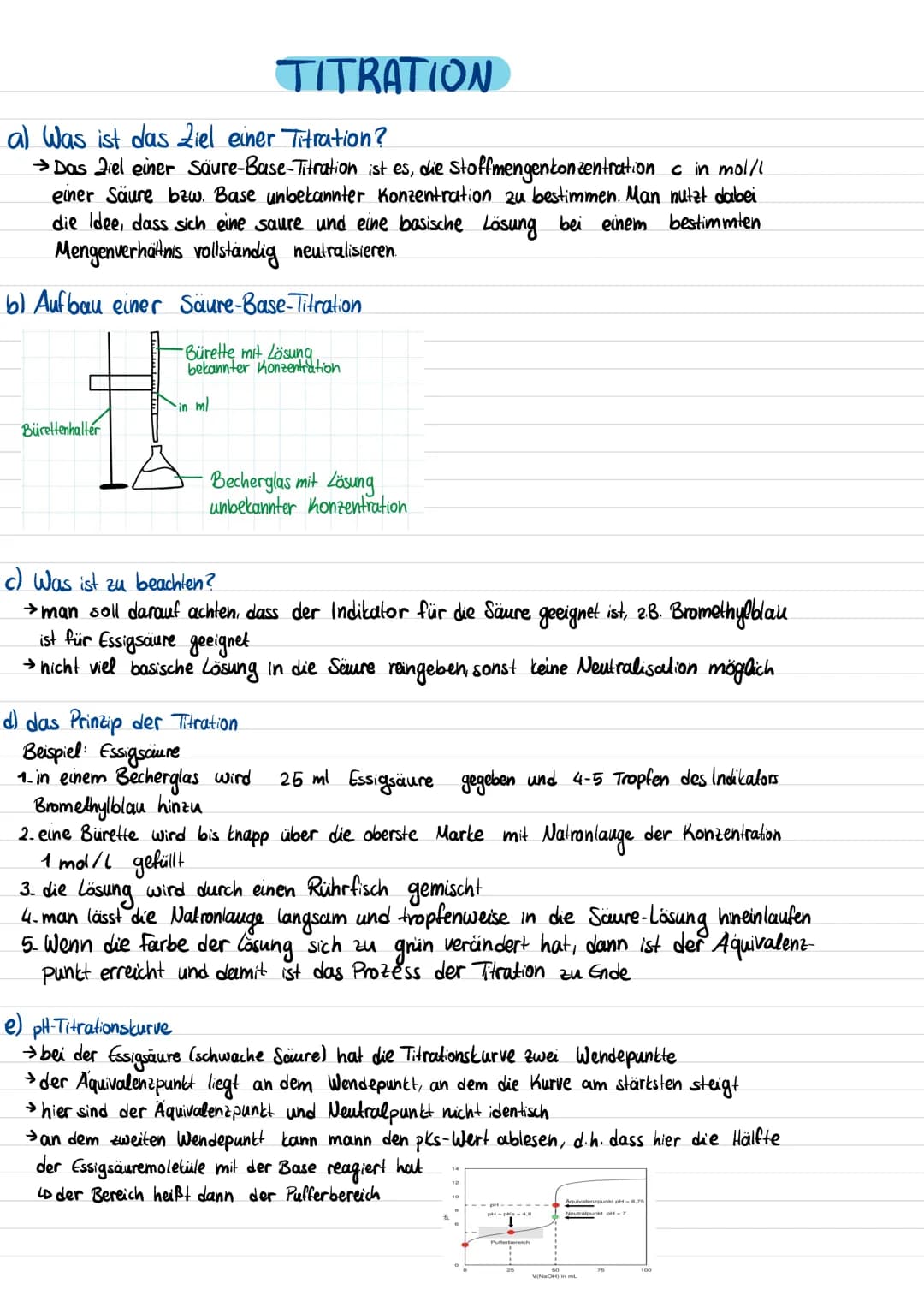 # TITRATION
a) Was ist das Ziel einer Titration?
→Das Ziel einer Säure-Base-Titration ist es, die stoffmengenkonzentration o in mol/l
einer