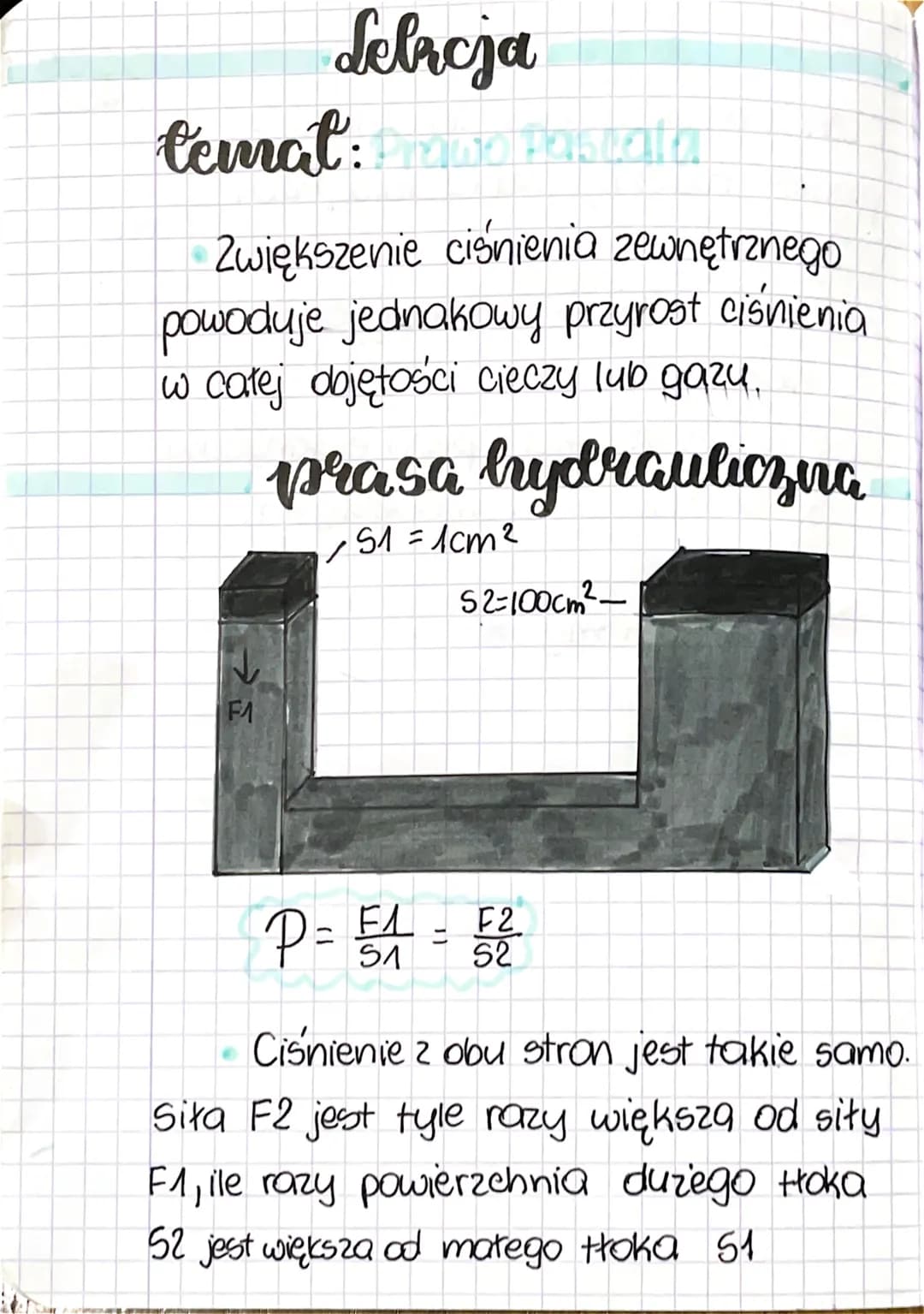 Selacja
temat:
Pascala
Zwiększenie ciśnienia zewnętrznego
powoduje jednakowy przyrost ciśnienia
w całej dojętości cieczy lub gazu.
↓
F1
p