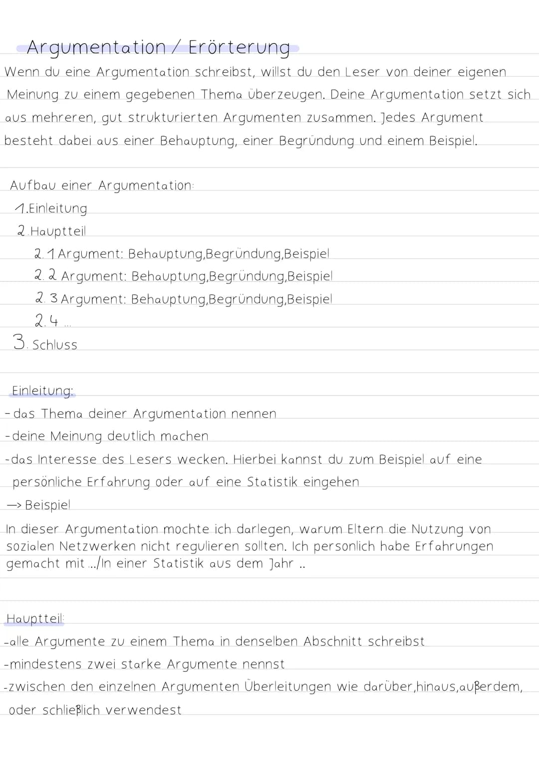 # Argumentation / Erörterung
Wenn du eine Argumentation schreibst, willst du den Leser von deiner eigenen
Meinung zu einem gegebenen Thema