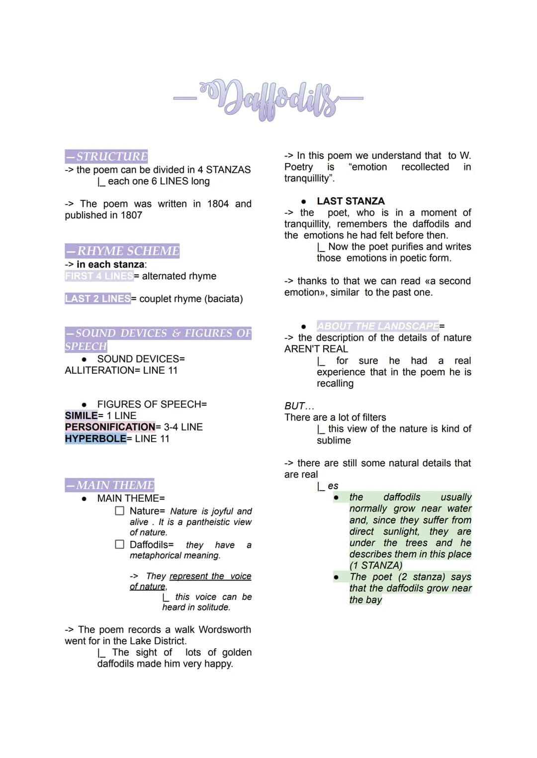 -Daffodils-
-STRUCTURE
-> the poem can be divided in 4 STANZAS
|_ each one 6 LINES long
-> The poem was written in 1804 and
published in 1