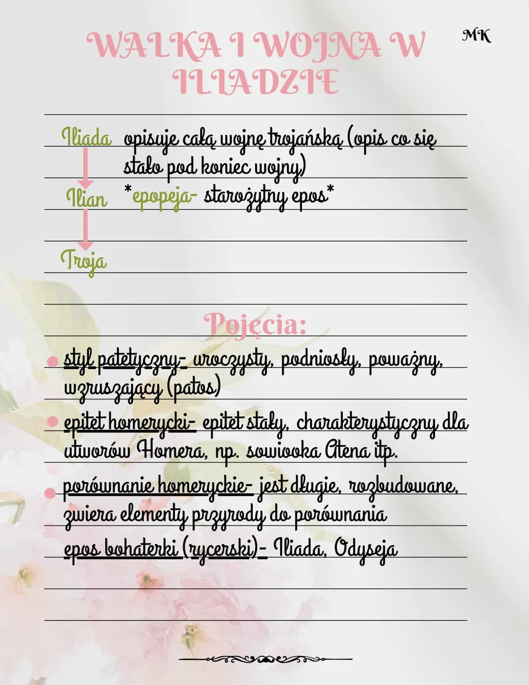 # WALKA I WOJNA W
ILIADZIE
Iliada opisuje całą wojnę trojańską (opis co się
stało pod koniec wojny)
Ilian *epopeja- starożytny epos*
MK