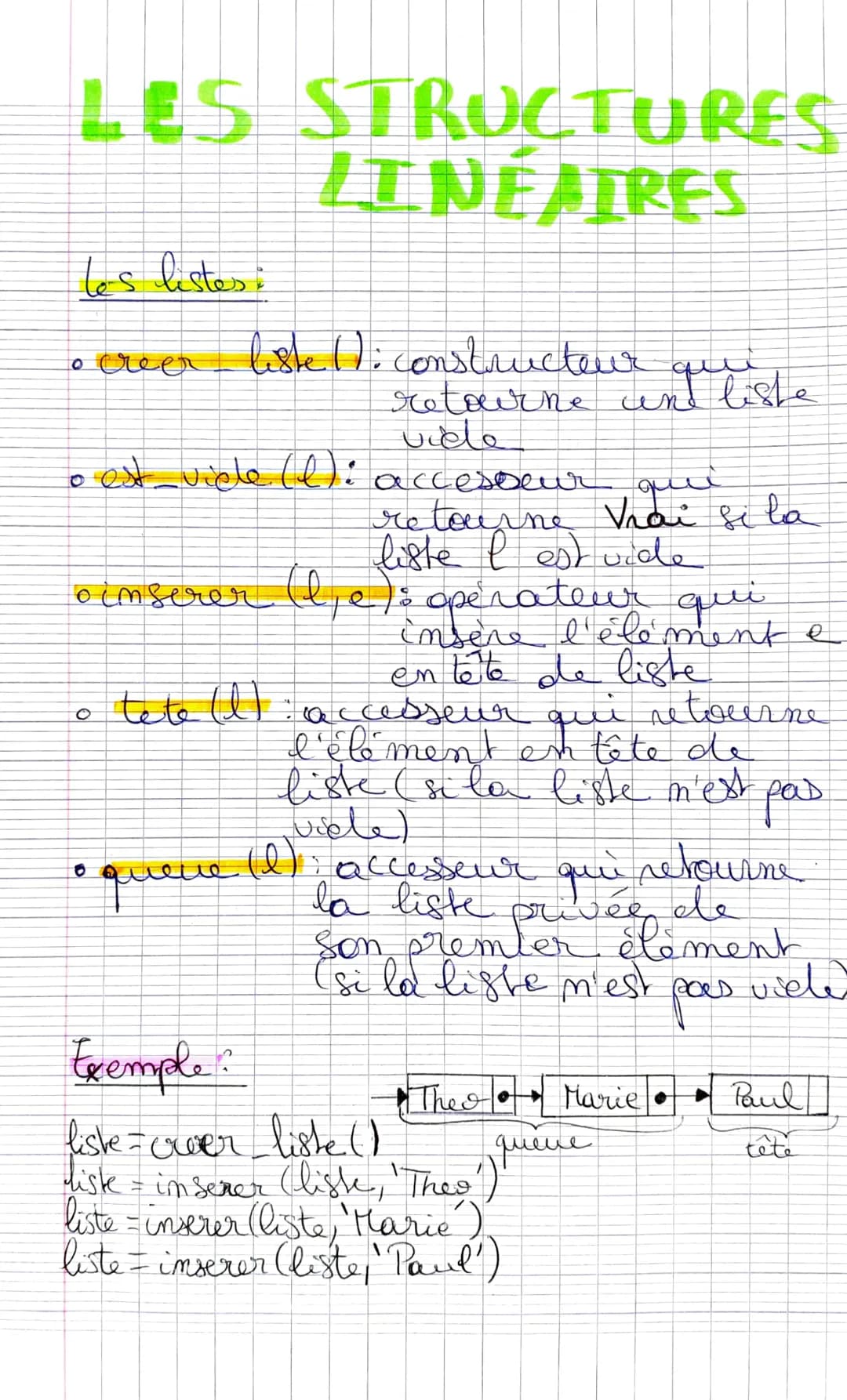 # LES STRUCTURES
LINEAIRES
les listes:
- creer liste (): constructeur qui
retourne und liste
vide
- est_viele (l): accesseur quui
re