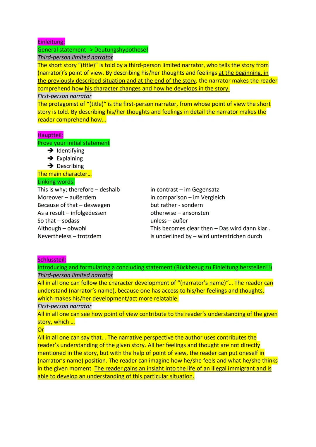 Short story Englisch Arbeit 1
1. Describe the situation presented in the text. -> max. 30min
Einleitung:
TATTE (Titel Autor Textsorte Them