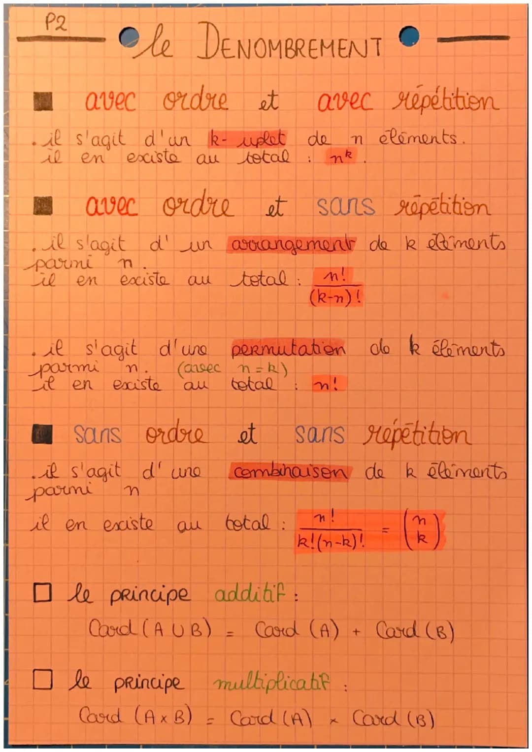 P2
le DENOMBREMENT
avec ordre et avec répétition
• il s'agit d'un k- uplet de $n$ elements.
il en existe au total : $n^k$
avec ordre et