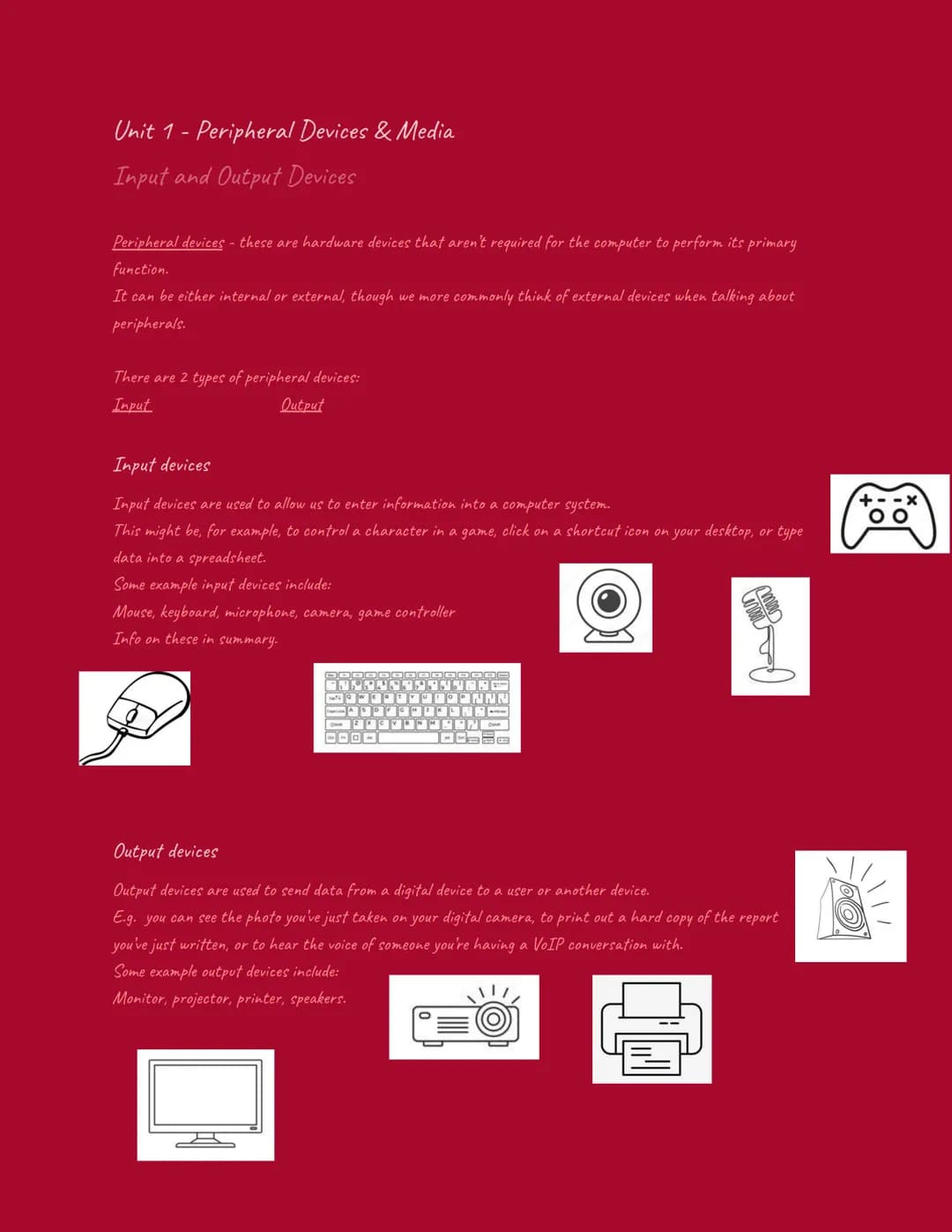# Unit 1- Peripheral Devices & Media
Input and Output Devices
Peripheral devices - these are hardware devices that aren't required for the