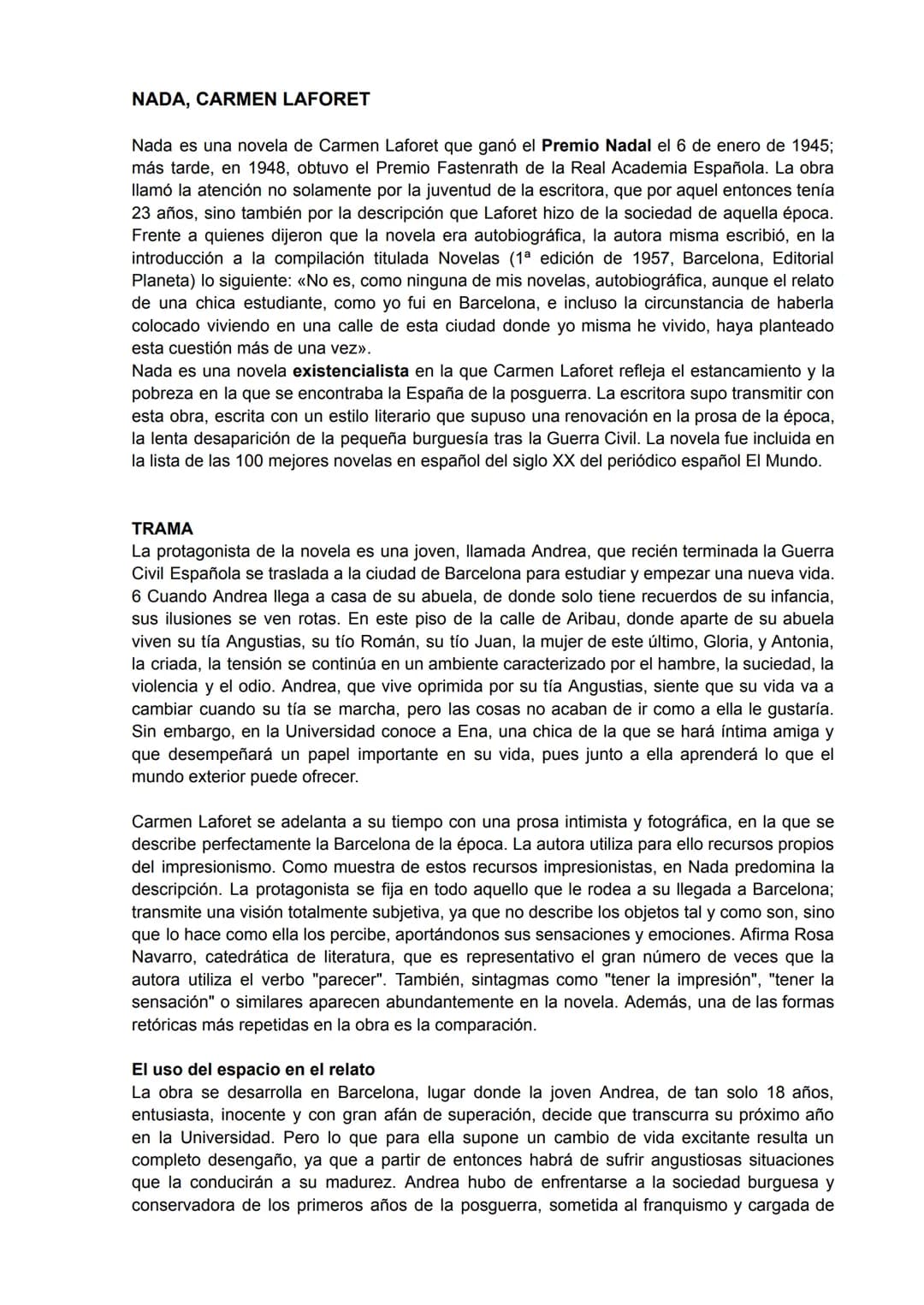 # NADA, CARMEN LAFORET
Nada es una novela de Carmen Laforet que ganó el Premio Nadal el 6 de enero de 1945;
más tarde, en 1948, obtuvo el P