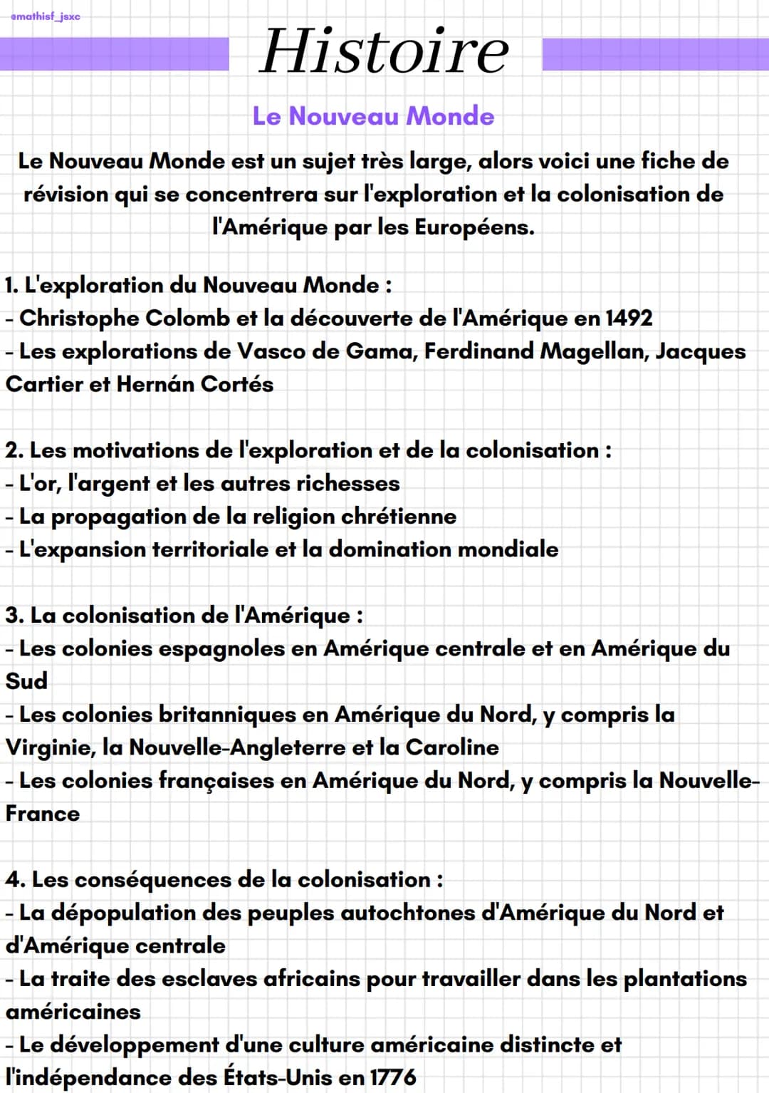 # Histoire
Le Nouveau Monde
Le Nouveau Monde est un sujet très large, alors voici une fiche de
révision qui se concentrera sur l'explorati