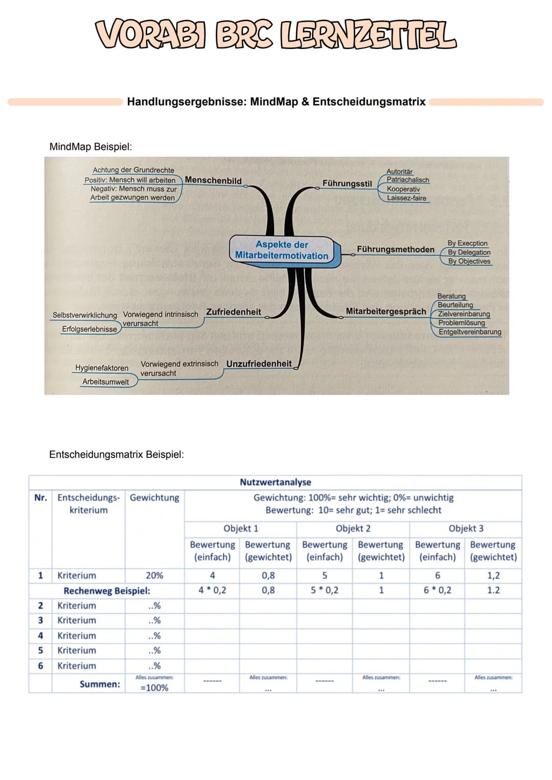 # VORABI BRO LERNZETTEL
Handlungsergebnisse: MindMap & Entscheidungsmatrix
MindMap Beispiel:
Achtung der Grundrechte
Positiv: Mensch will
