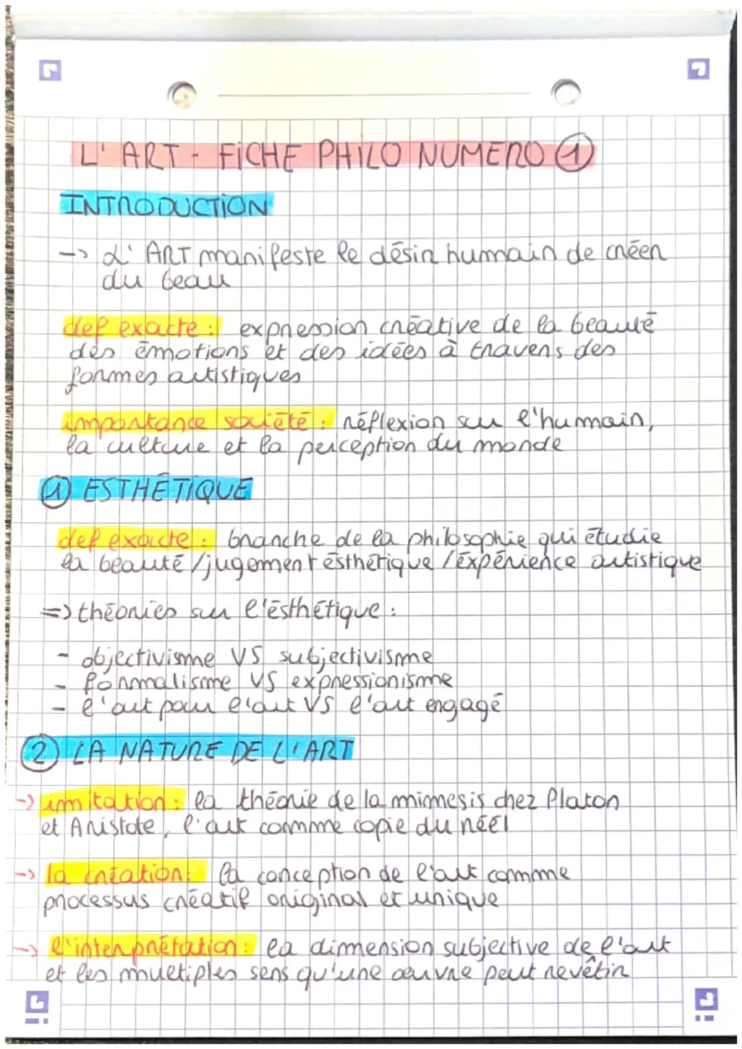 # L' ART FICHE PHILO NUMERO
INTRODUCTION
→L'ART mani peste le désin humain de créen
du beau
dep exacte: expression creative de la beaute
