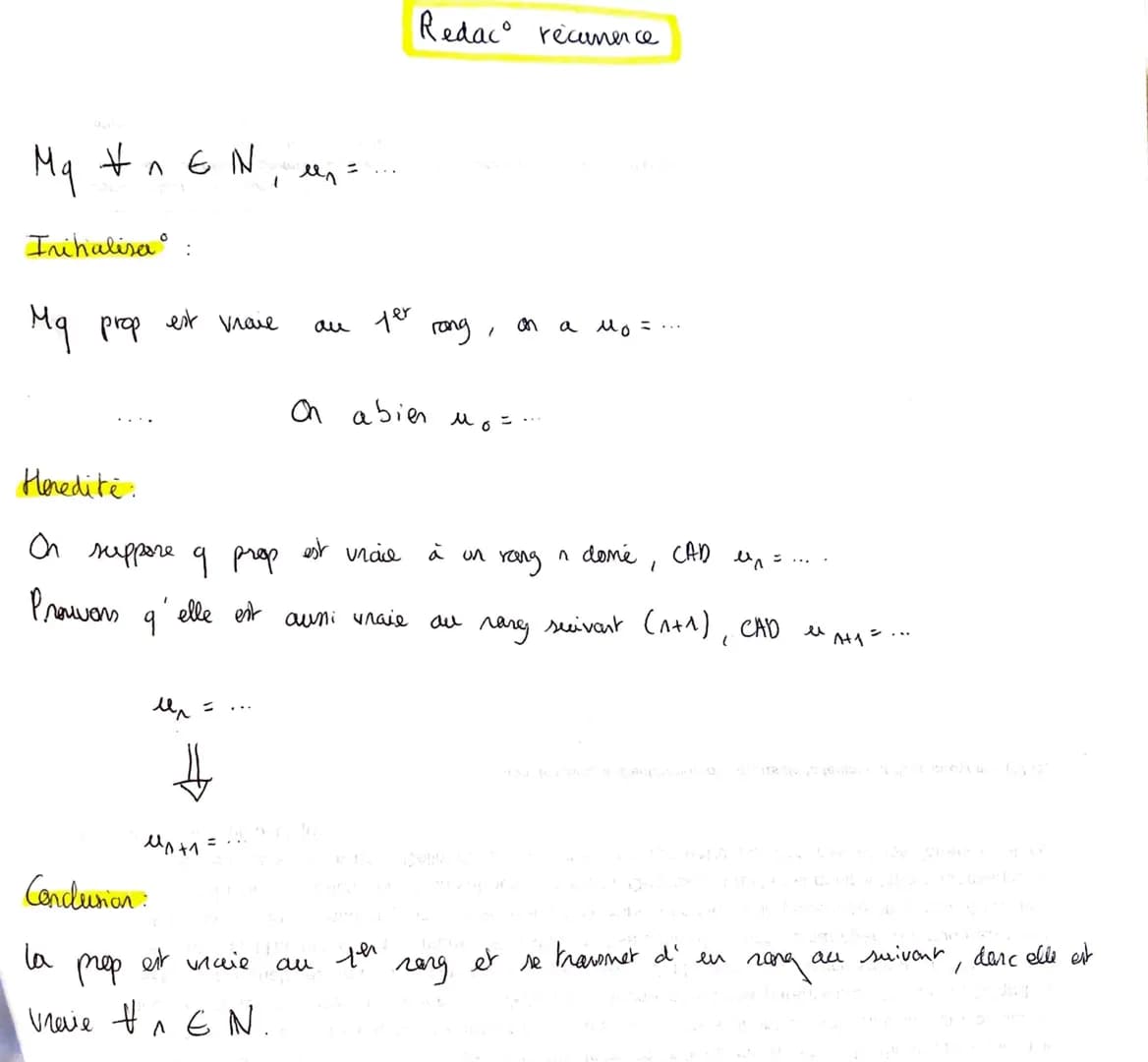 Redac° recurence
Mq $\forall$ n $\in$ N, $u_n$ = ...
Inihalisa°:
Mq prop est vraie au 1er rang, on a $u_0$ = ...
On a bien $u_0$=...
Her