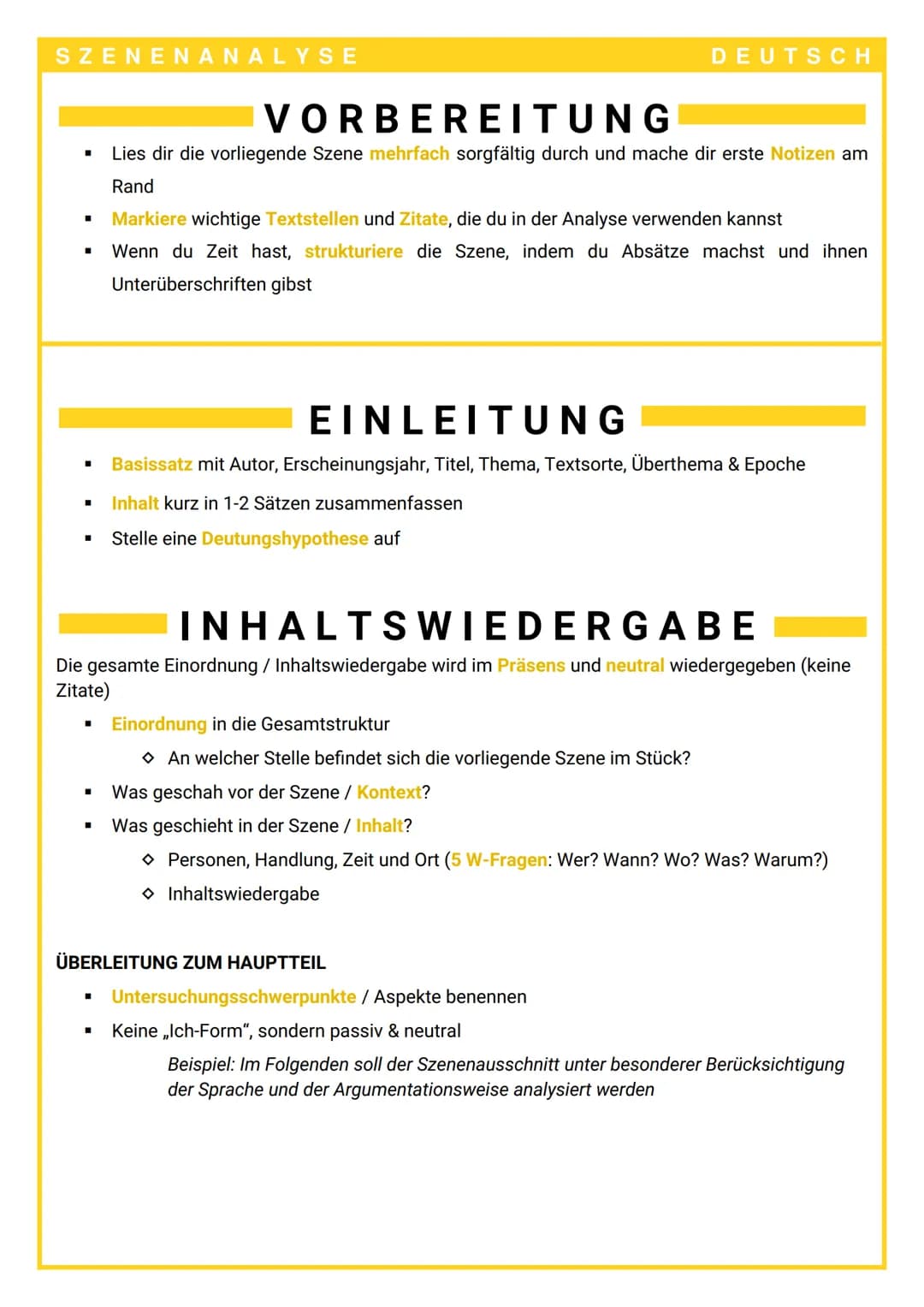 # SZENENANALYSE
DEUTSCH
## VORBEREITUNG
- Lies dir die vorliegende Szene mehrfach sorgfältig durch und mache dir erste Notizen am
Rand
- M