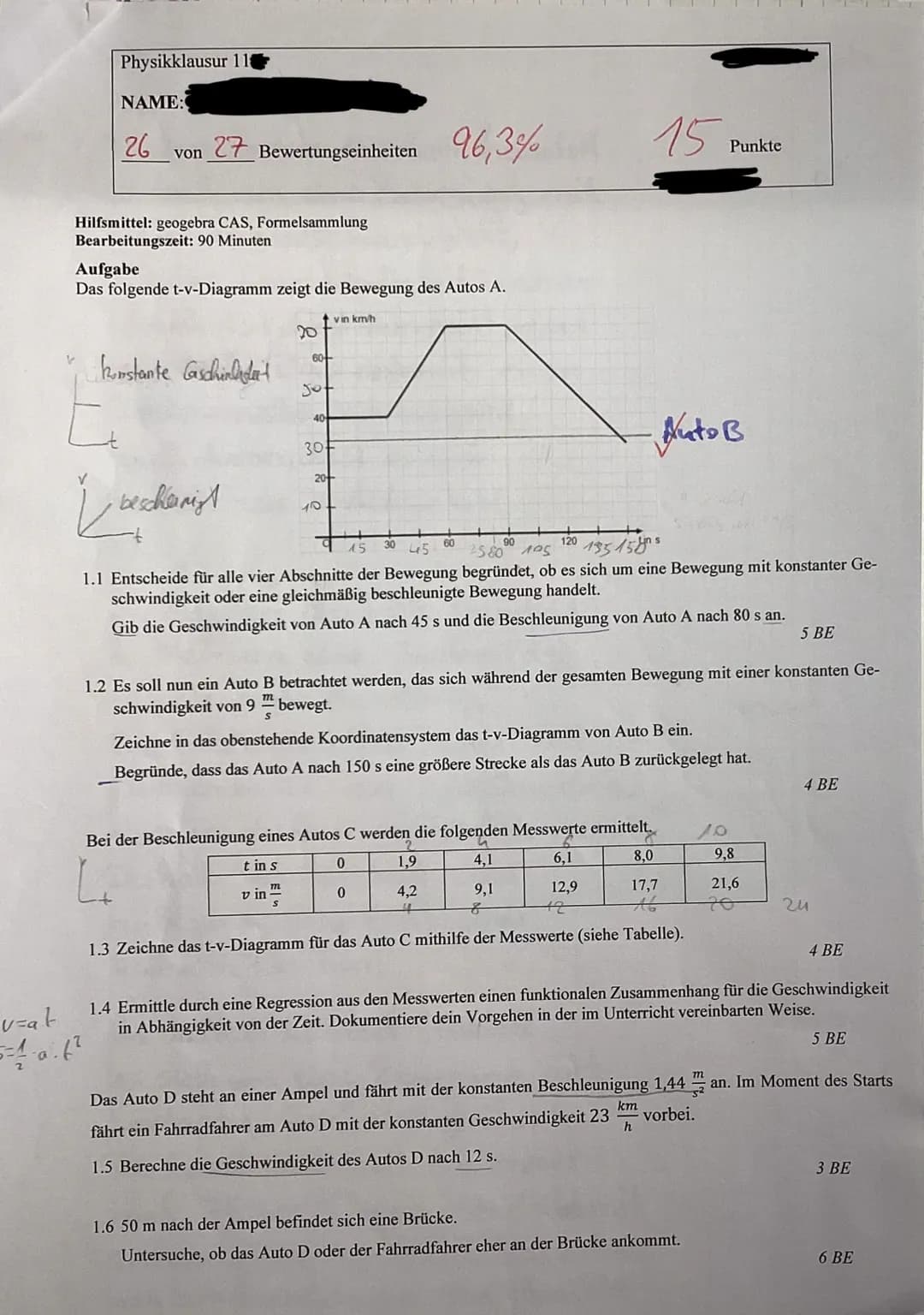 # Physikklausur 11
NAME:
26 von 27 Bewertungseinheiten 96,3% 15 Punkte
Hilfsmittel: geogebra CAS, Formelsammlung
Bearbeitungszeit: 90 Min