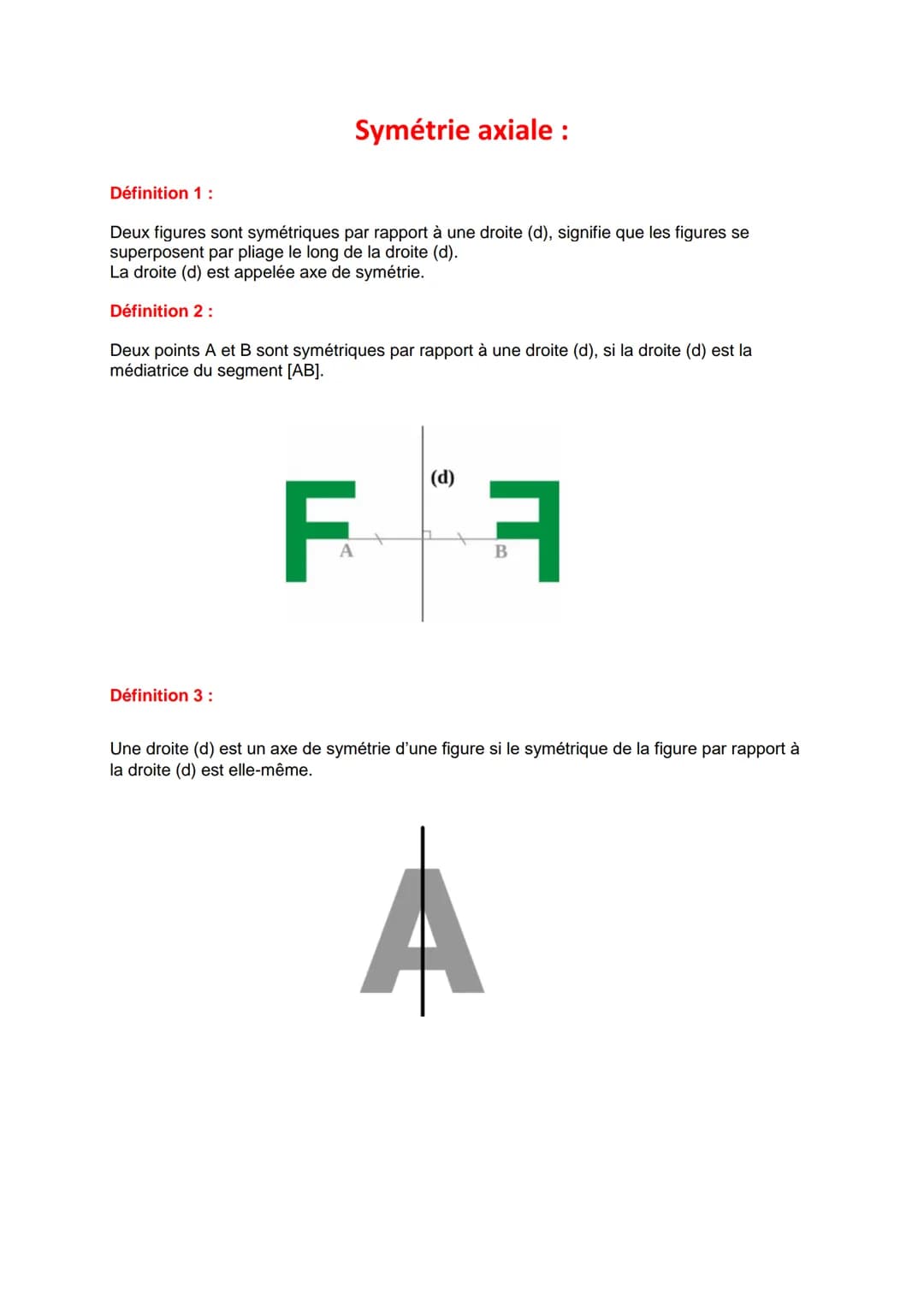 # Symétrie axiale:
Définition 1:
Deux figures sont symétriques par rapport à une droite (d), signifie que les figures se
superposent par pl
