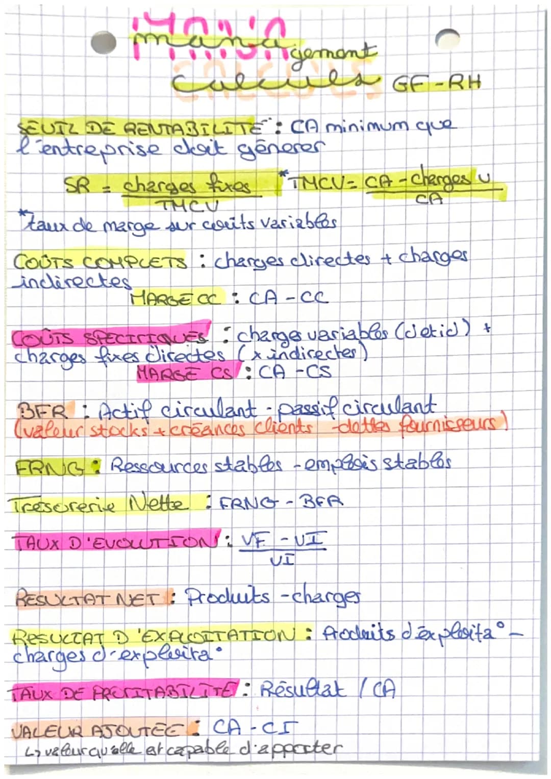 # management
C
calcies GF-RH
SEUIL DE RENTABILITE: CA minimum que
l'entreprise coat generer
SR = charges fixes *TMCV=CA-cherges u
THCU
*taux