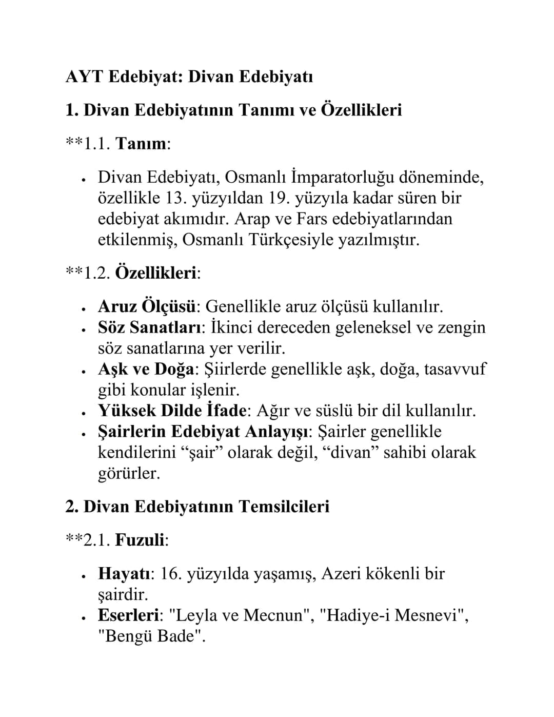 AYT Edebiyat: Divan Edebiyatı
1. Divan Edebiyatının Tanımı ve Özellikleri
**1.1. Tanım:
- Divan Edebiyatı, Osmanlı İmparatorluğu dönemind