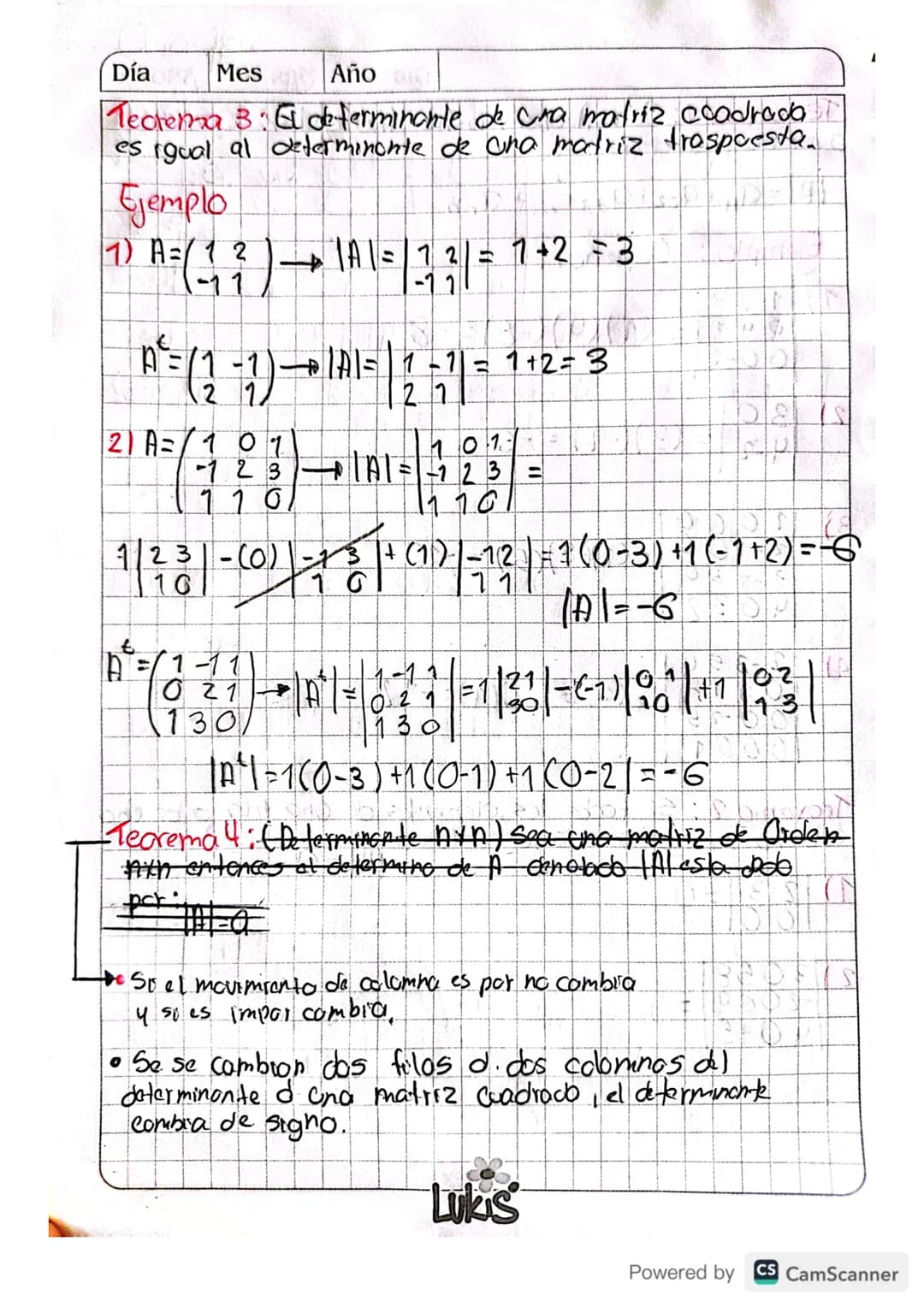 # Clase 16.
# Tercer Corte.
Determinantes.
Día 16 Mes 10 Año 23
•Definición 1: (Deterninantes 2x2)
Sea A
A= ai bi entonces det (A)=aiba-azb.