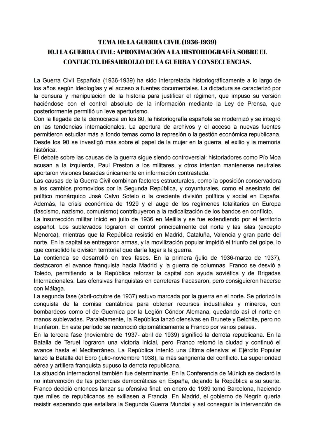 # TEMA 10: LA GUERRA CIVIL (1936-1939)
# 10.1 LA GUERRA CIVIL: APROXIMACIÓN A LA HISTORIOGRAFÍA SOBRE EL CONFLICTO. DESARROLLO DE LA GUERRA