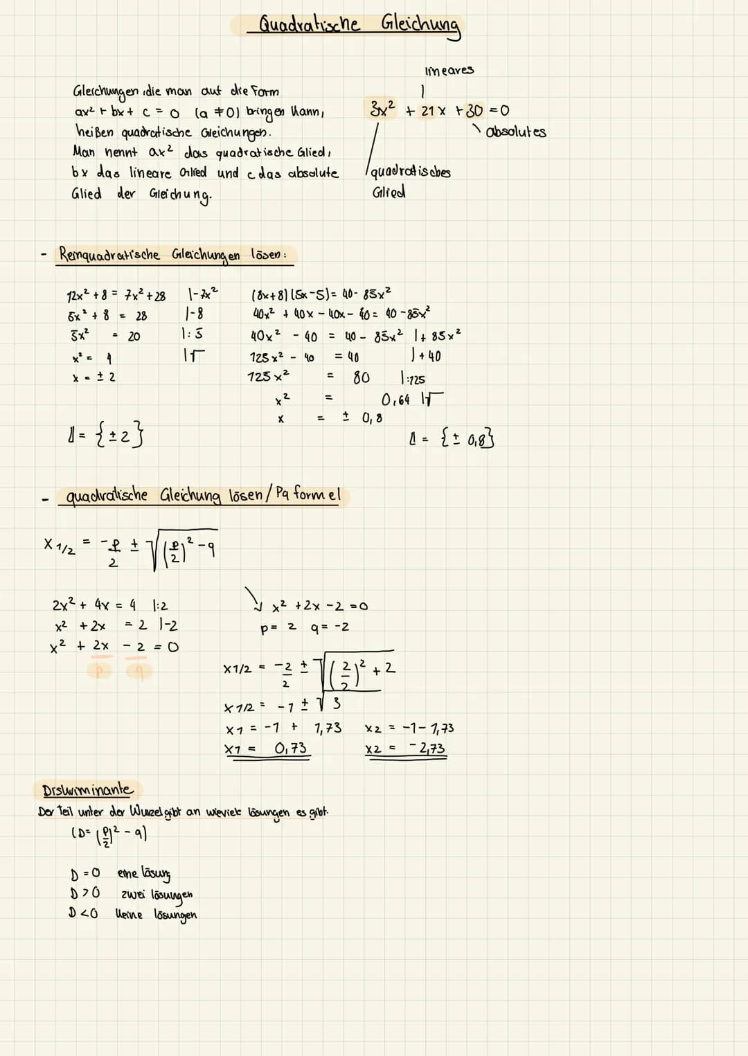 # Quadratische Gleichung
Gleichungen die man aut die Form
$ax^2 + bx + c = 0$ (a ≠0) bringen kann,
heißen quadratische Gleichungen.
Man nen
