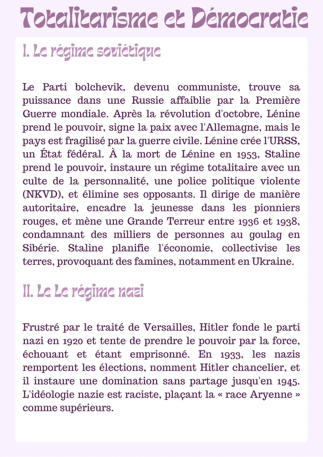 # Totalitarisme et Démocratie
1. Le régime soviétique
Le Parti bolchevik, devenu communiste, trouve sa
puissance dans une Russie affaiblie