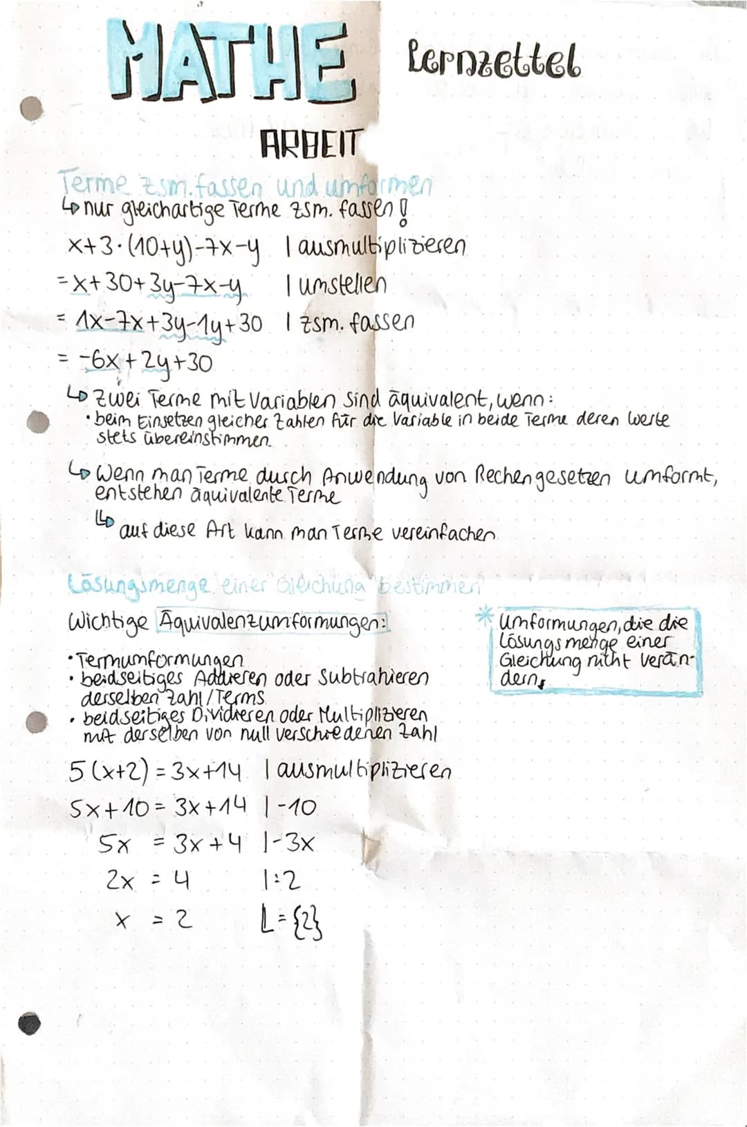 # REGELN BEI termen
Terme umformen
Kommen bei Termen die gleichen Variablen vor, dann
darf man diese zusammenfassen.
x+x+x = 3x
2y + 3y