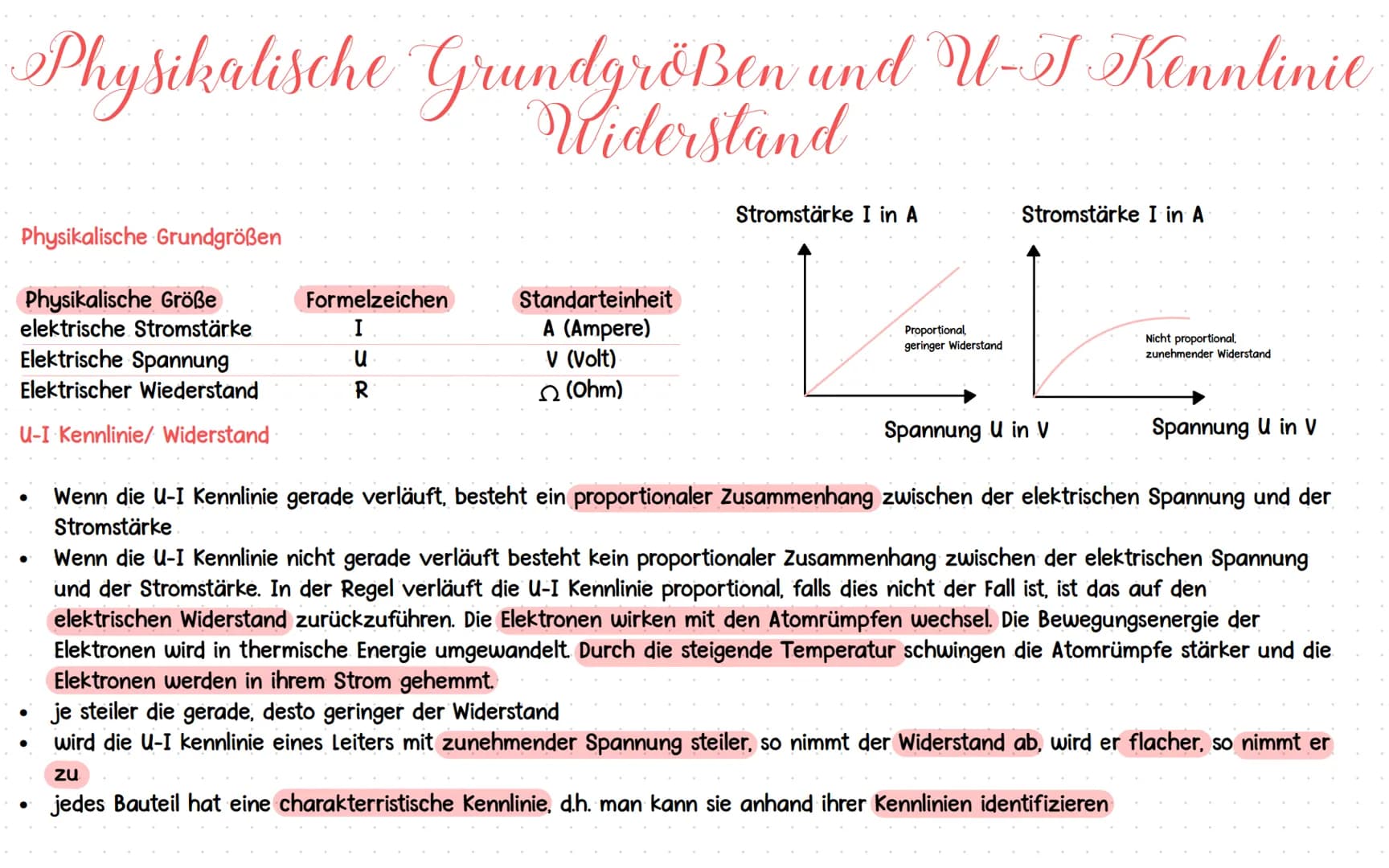 # Physikalische Grundgrößen und U-I Kennlinie
Widerstand
• Physikalische Grundgrößen
Physikalische Größe | Formelzeichen | Standarteinheit