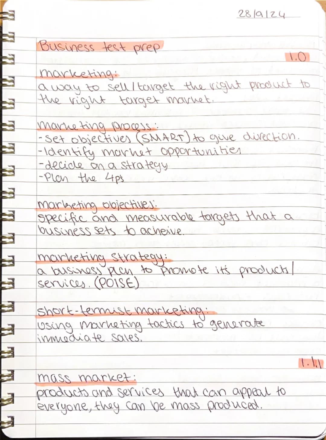 28/9/24
Business test prep
marketing:
a way to sell / target the right product to
the right target market.
marketing process:
-Set object