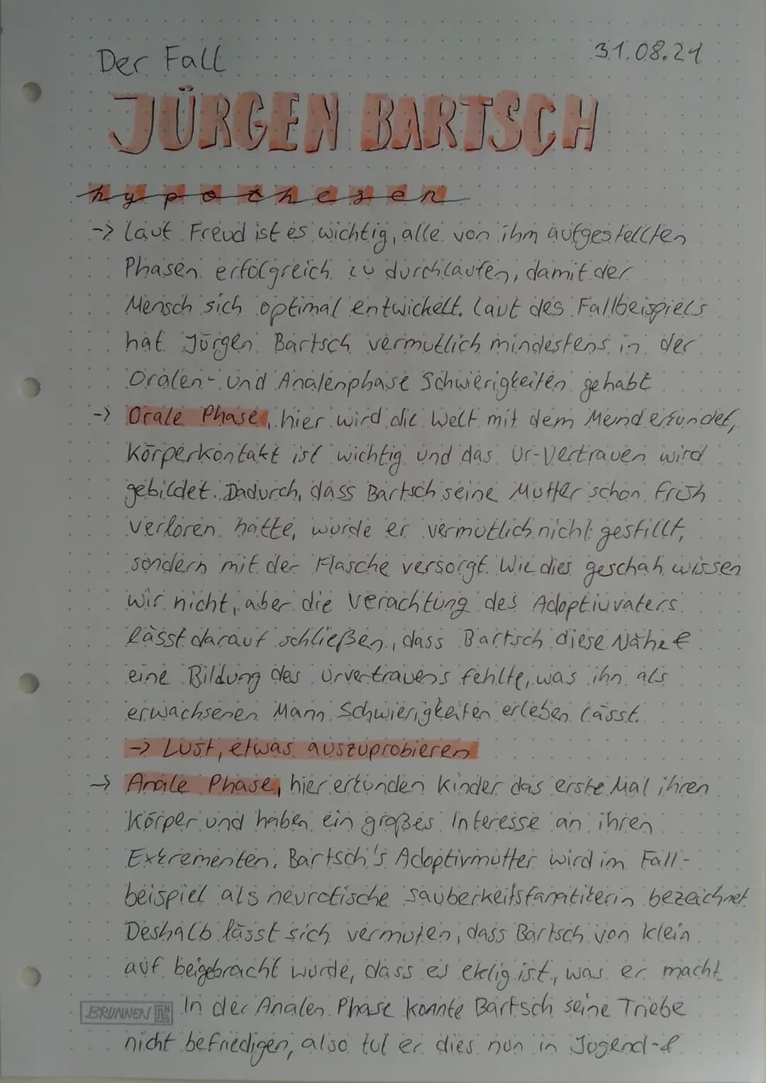 # Der Fall
# JÜRGEN BARTSCH
hypothesen
31.08.24
→ laut Freud ist es wichtig, alle von ihm aufgestellten
Phasen erfolgreich zu durchlaufe