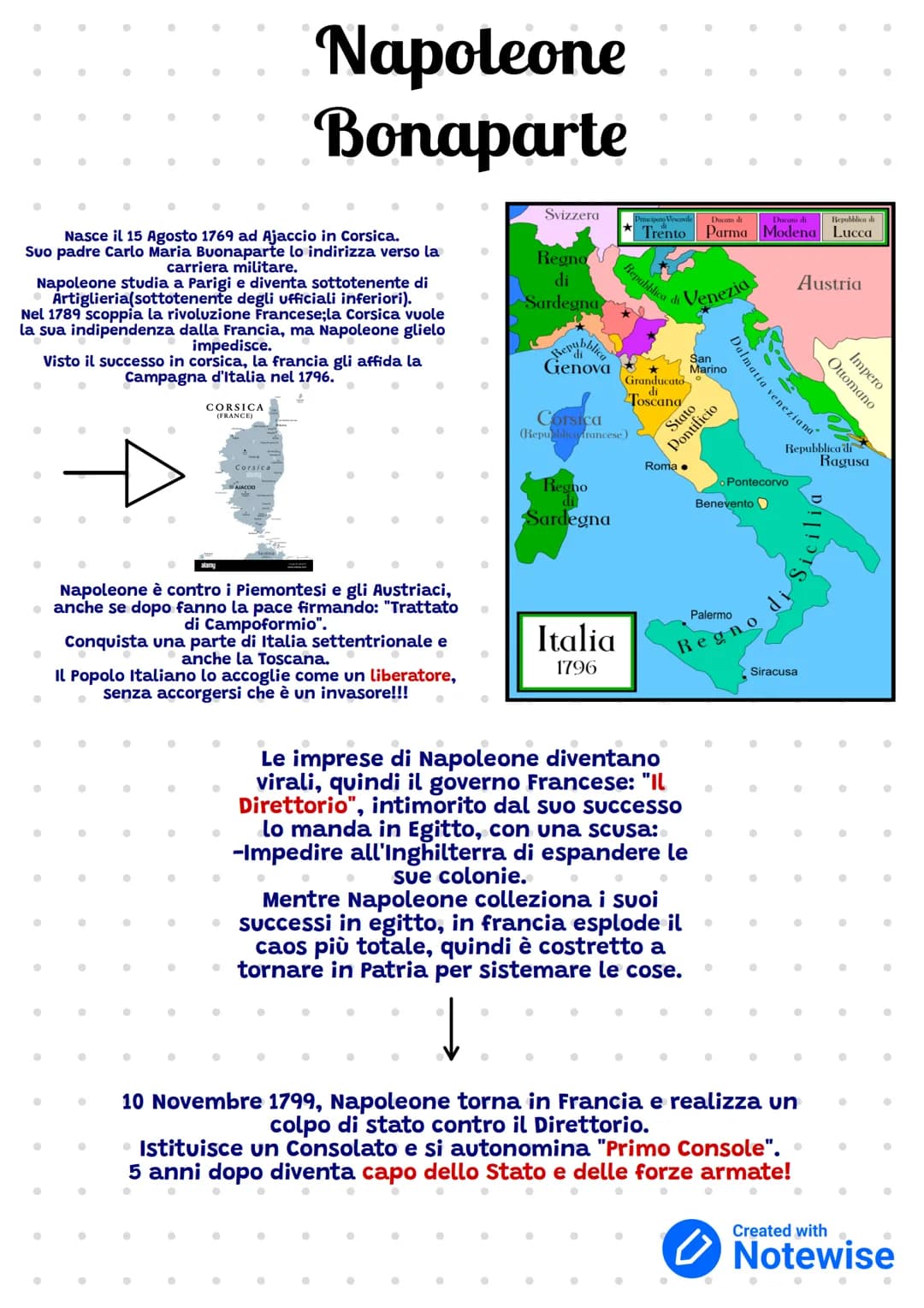 # Napoleone
Bonaparte
Nasce il 15 Agosto 1769 ad Ajaccio in Corsica.
Suo padre Carlo Maria Buonaparte lo indirizza verso la
carriera milita