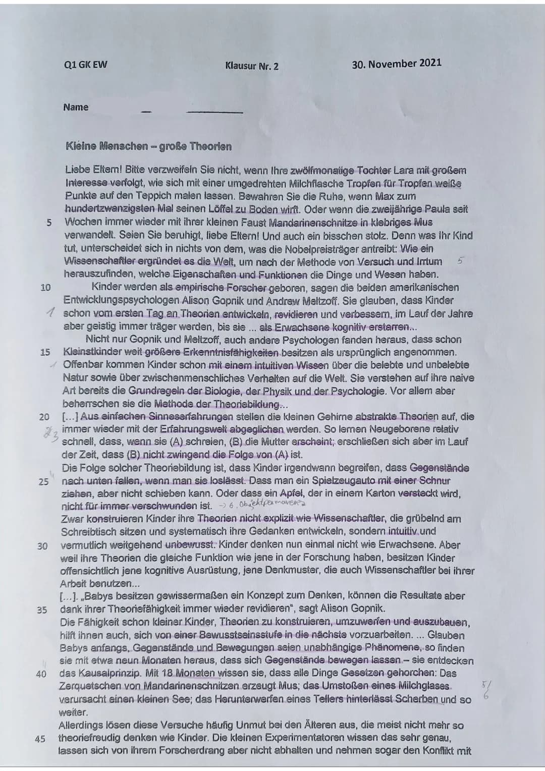Q1 GK EW
Klausur Nr. 2
30. November 2021
Name
Kieine Menschen-große Theorien
Liebe Eltern! Bitte verzweifeln Sie nicht, wenn Ihre zwölf