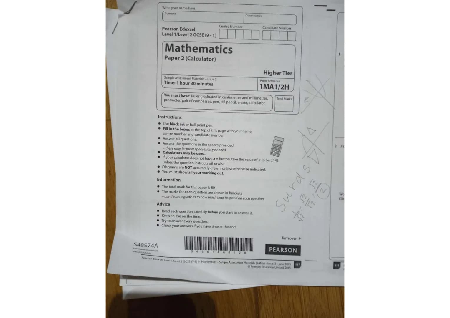 Write your name here
Surname Other names
Centre Number Candidate Number
Pearson Edexcel
Level 1/Level 2 GCSE (9-1)
Mathematics
Paper 2 (Calc