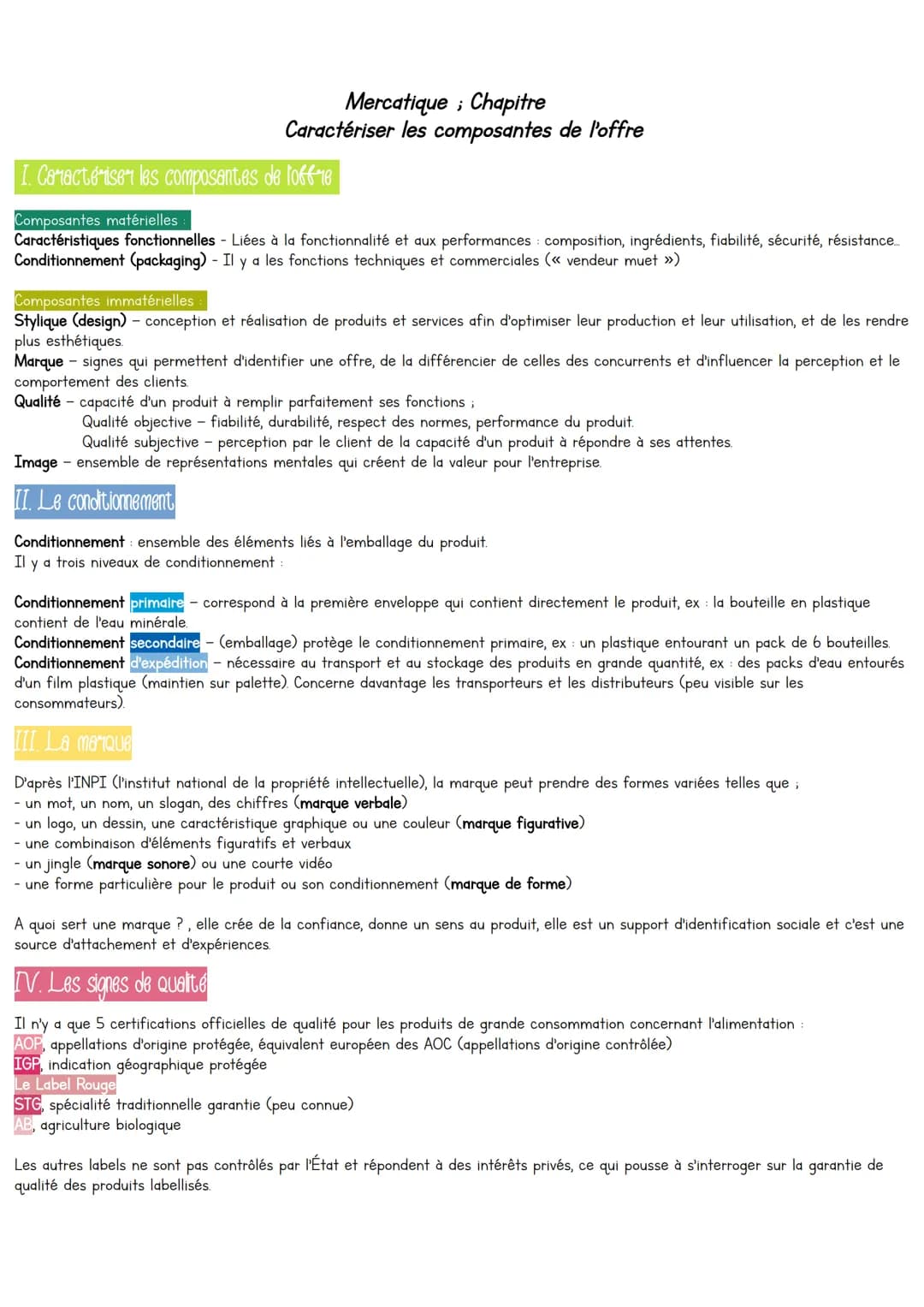Mercatique; Chapitre
Caractériser les composantes de l'offre
I. Caractériser les composantes de loffre
Composantes matérielles
Caractérist