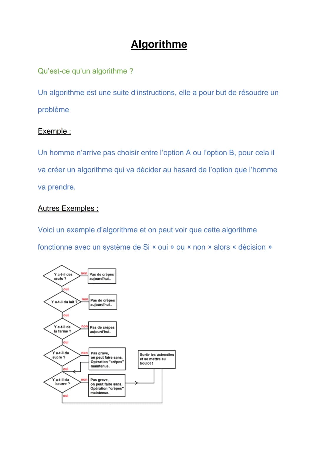 # Algorithme
Qu'est-ce qu'un algorithme ?
Un algorithme est une suite d'instructions, elle a pour but de résoudre un
problème
Exemple:
U
