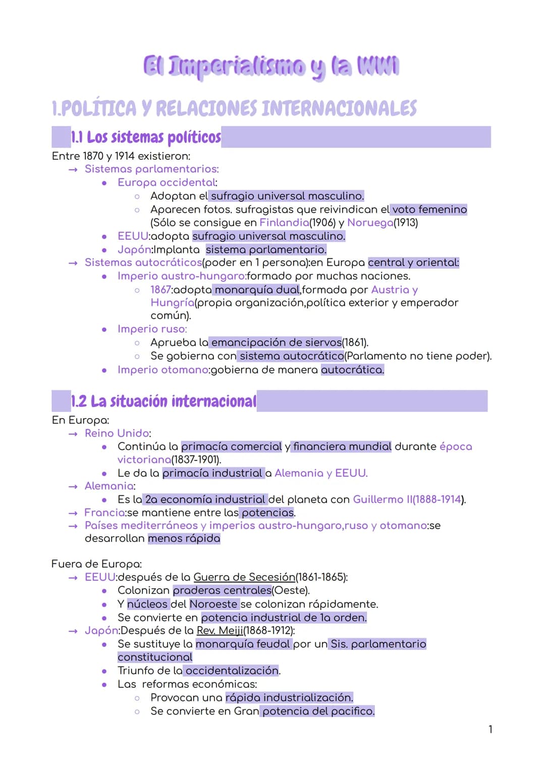# El Imperialismo y la WWI
1.POLÍTICA Y RELACIONES INTERNACIONALES
1.1 Los sistemas políticos
Entre 1870 y 1914 existieron:
Sistemas par
